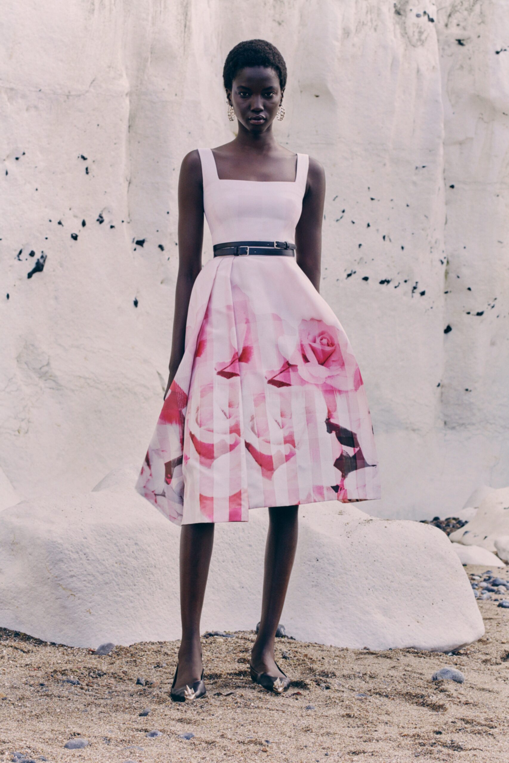 pink and white pleated midi dress