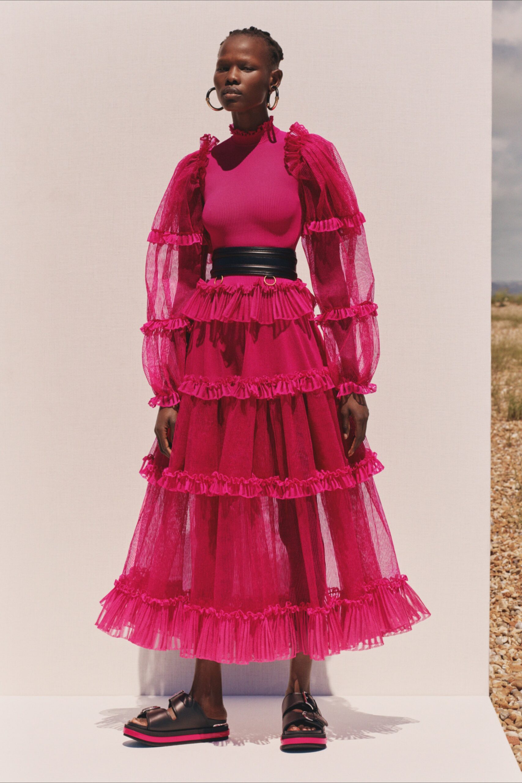 pink tiered ruffled maxi dress