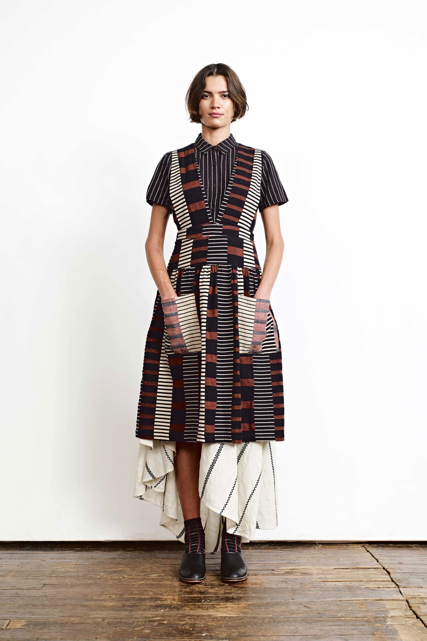 black and white pleated midi dress