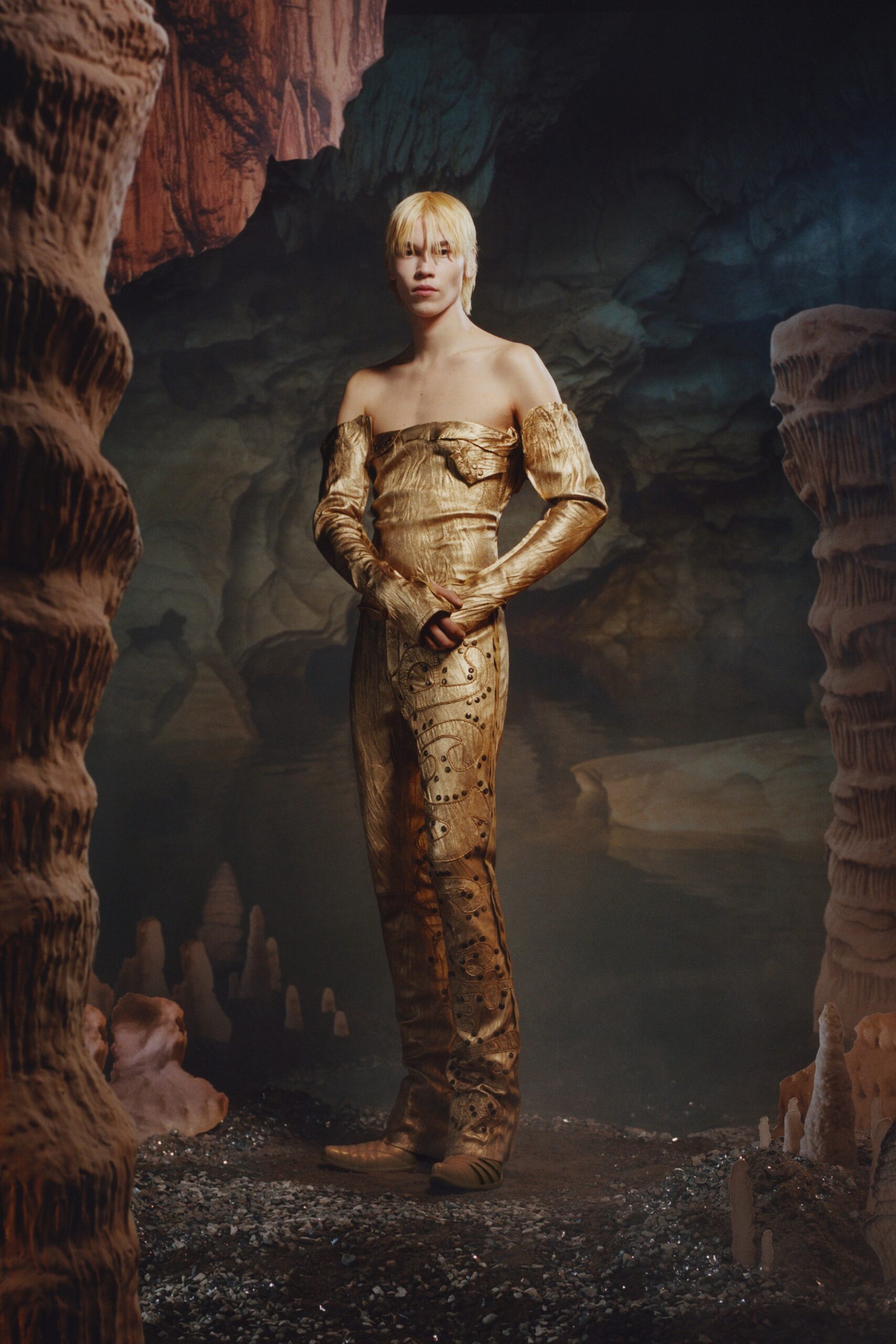 gold metallic strapless jumpsuit
