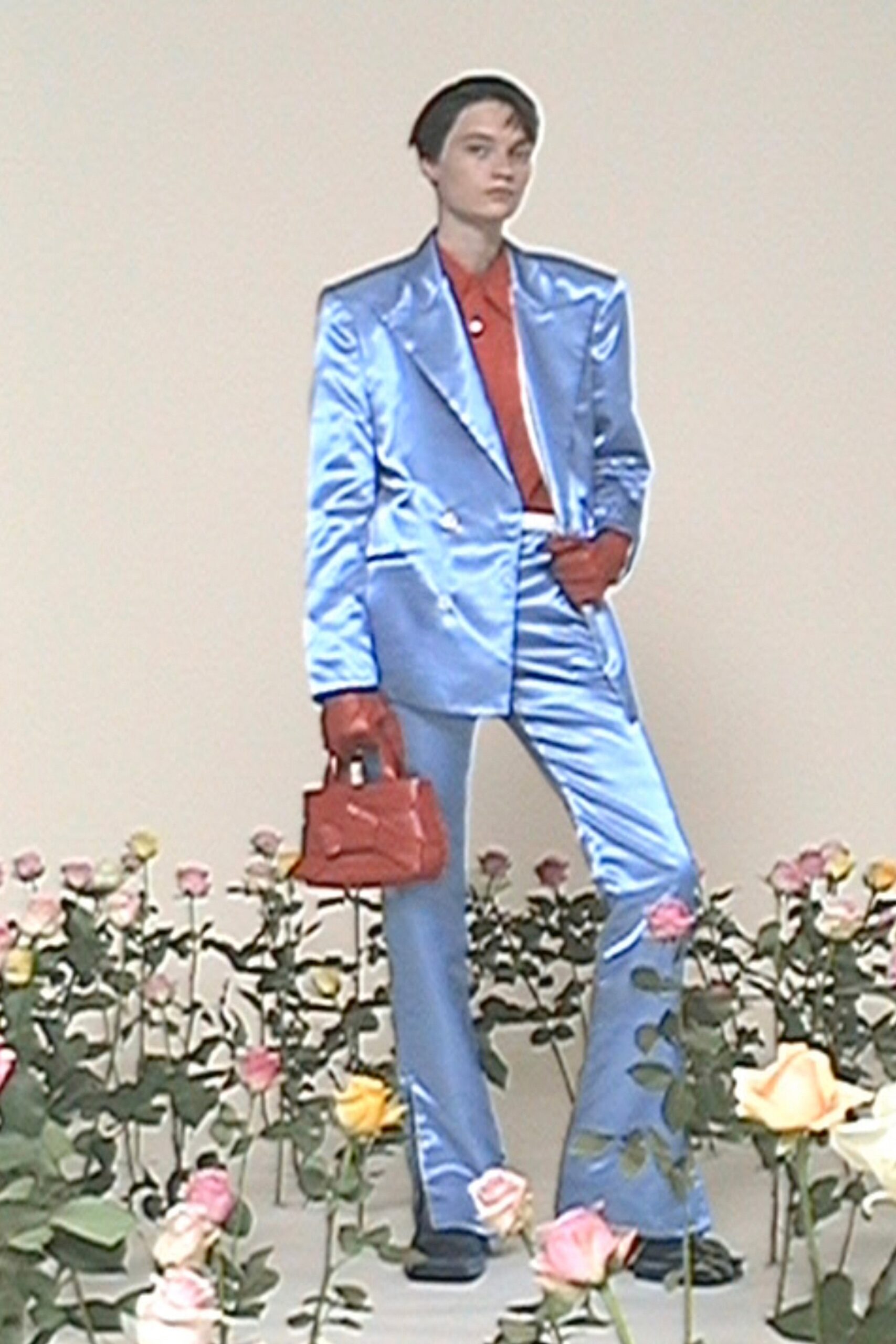 blue satin tailored suit