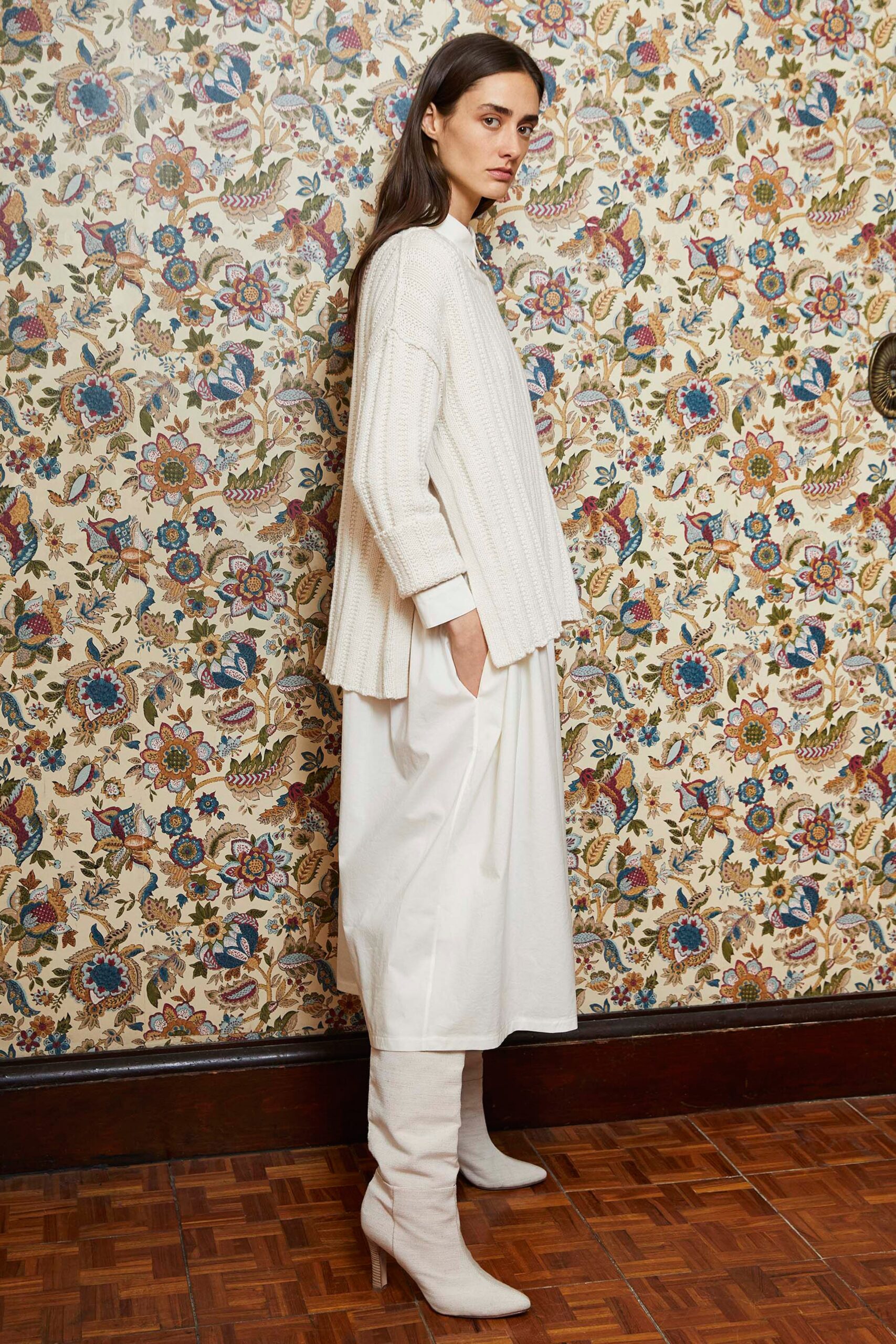 white relaxed top and midi skirt