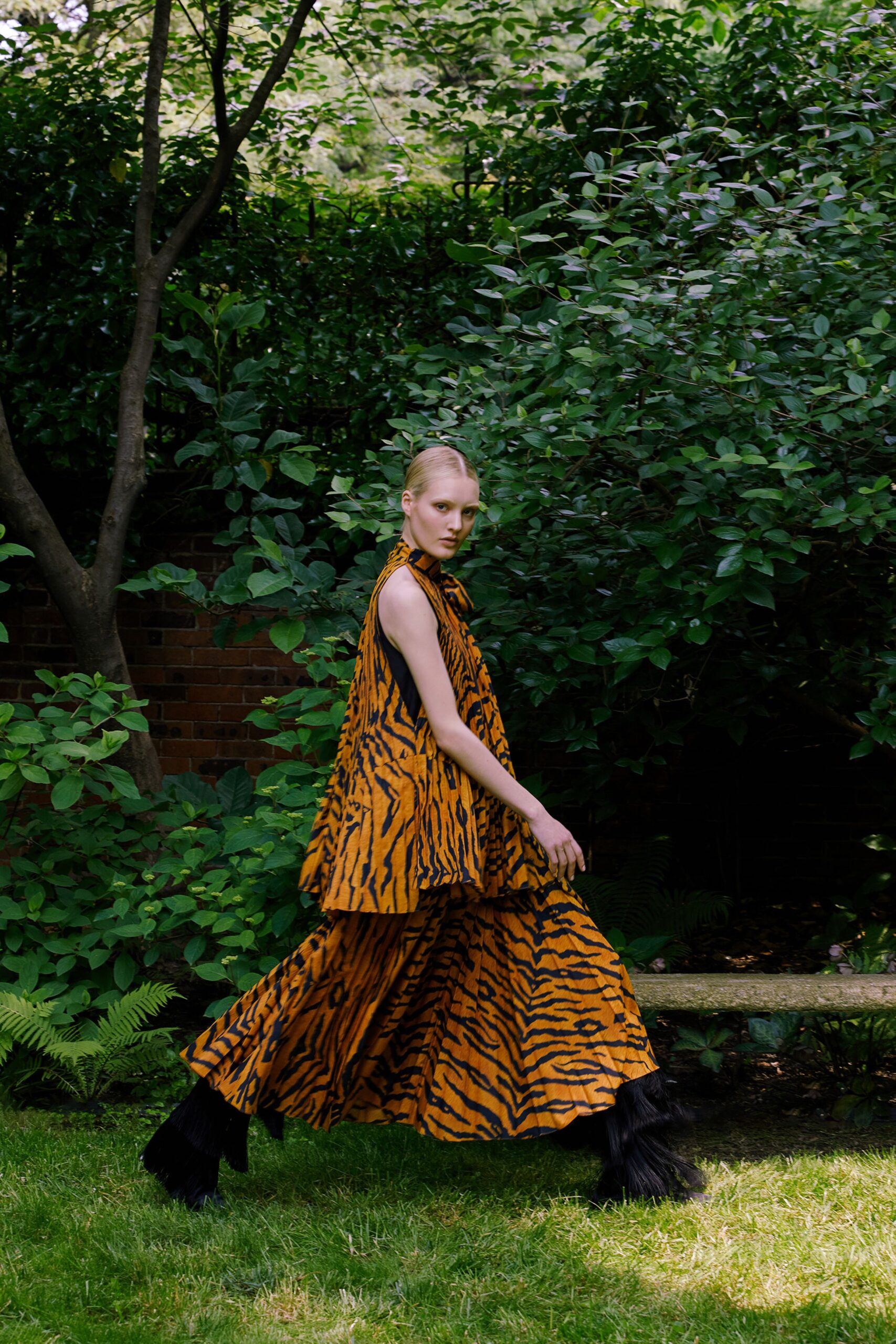 orange black printed midi dress
