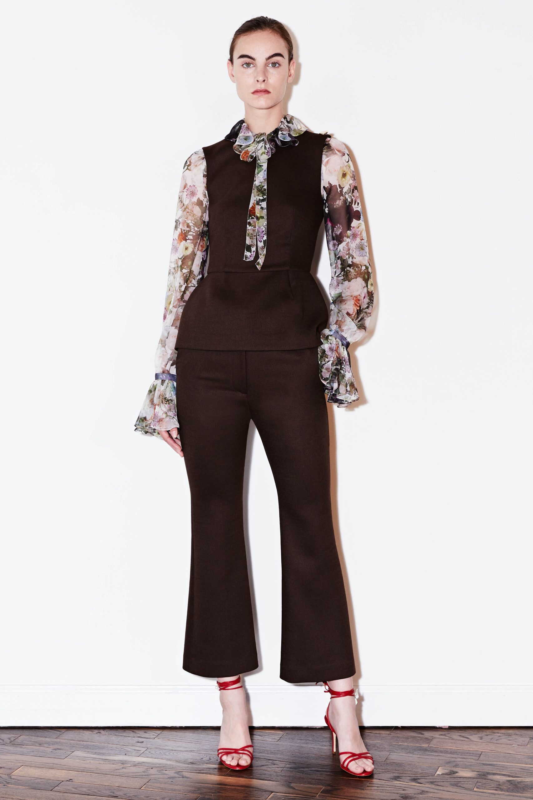 multi silk long-sleeve collared fitted ruffled blouse
