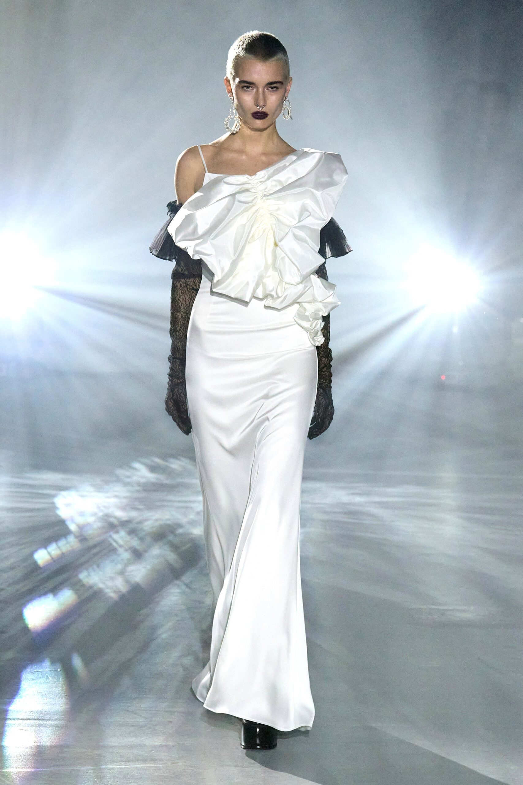 white silk off-shoulder gown