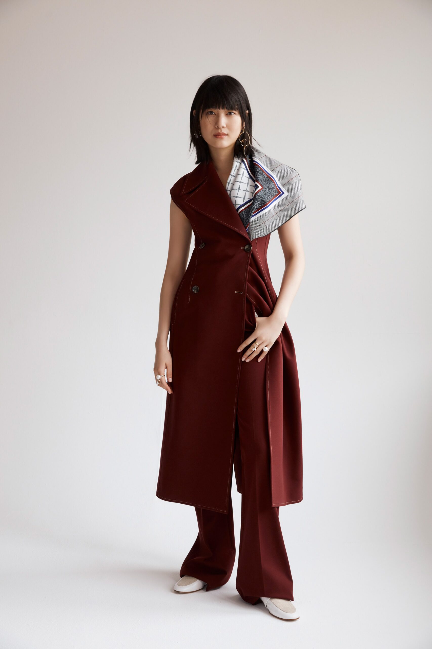 red wool jacket with tailored pants