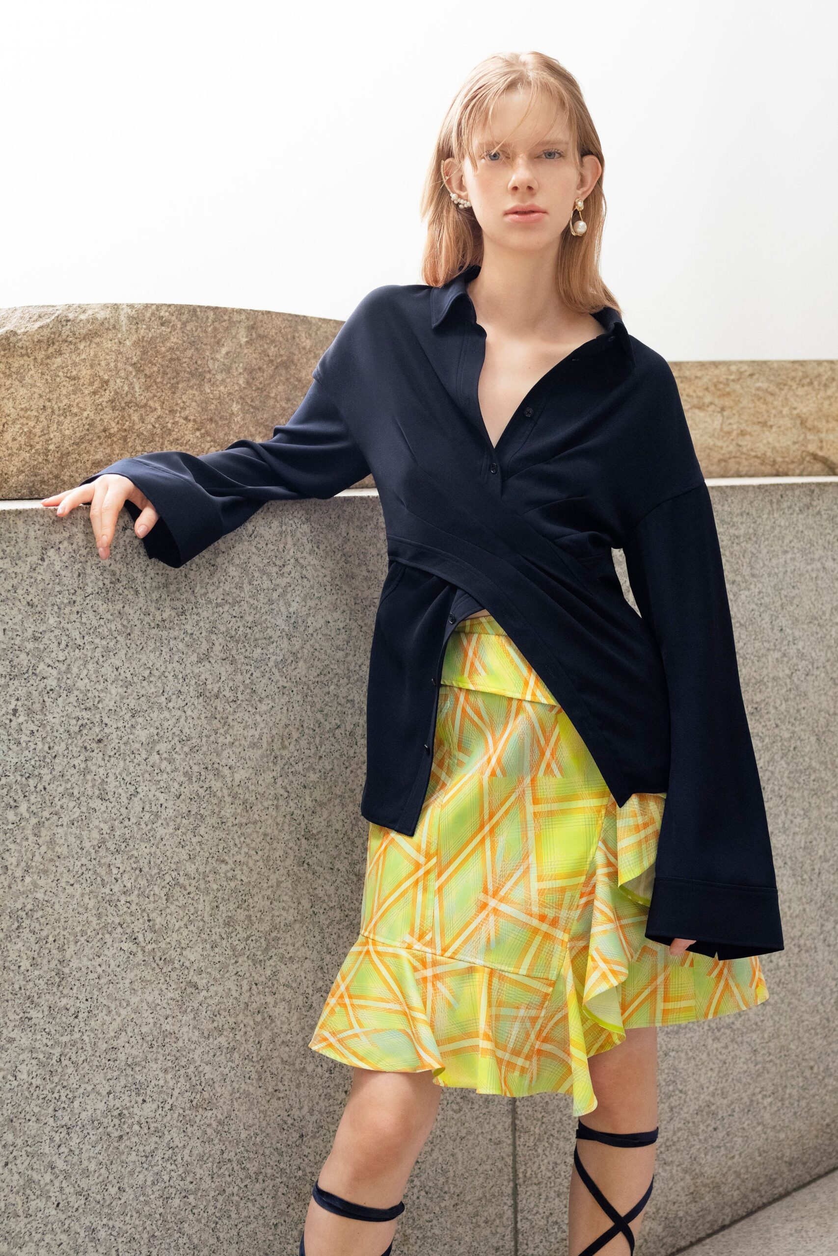 black silk shirt with yellow skirt