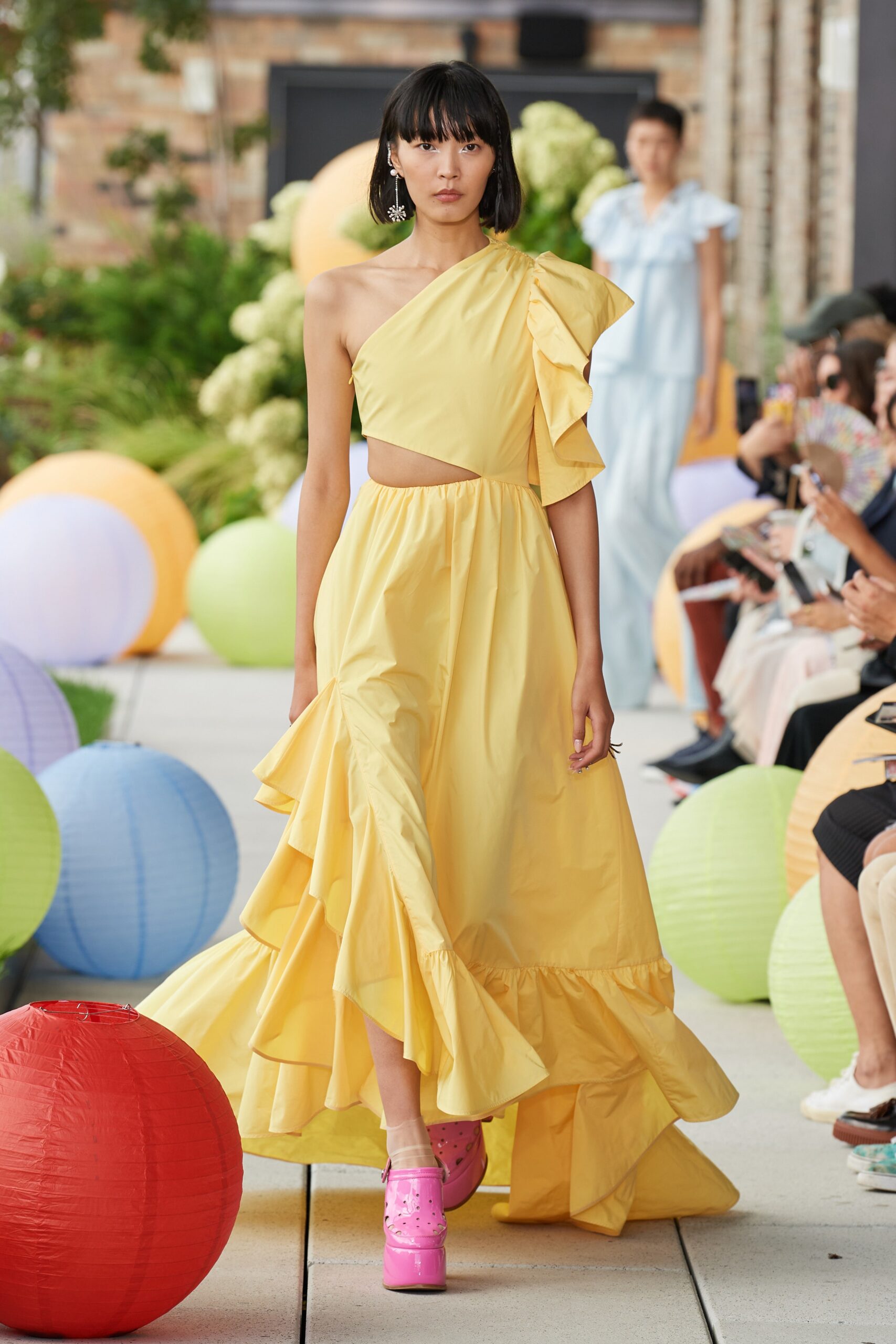 yellow ruffled midi dress