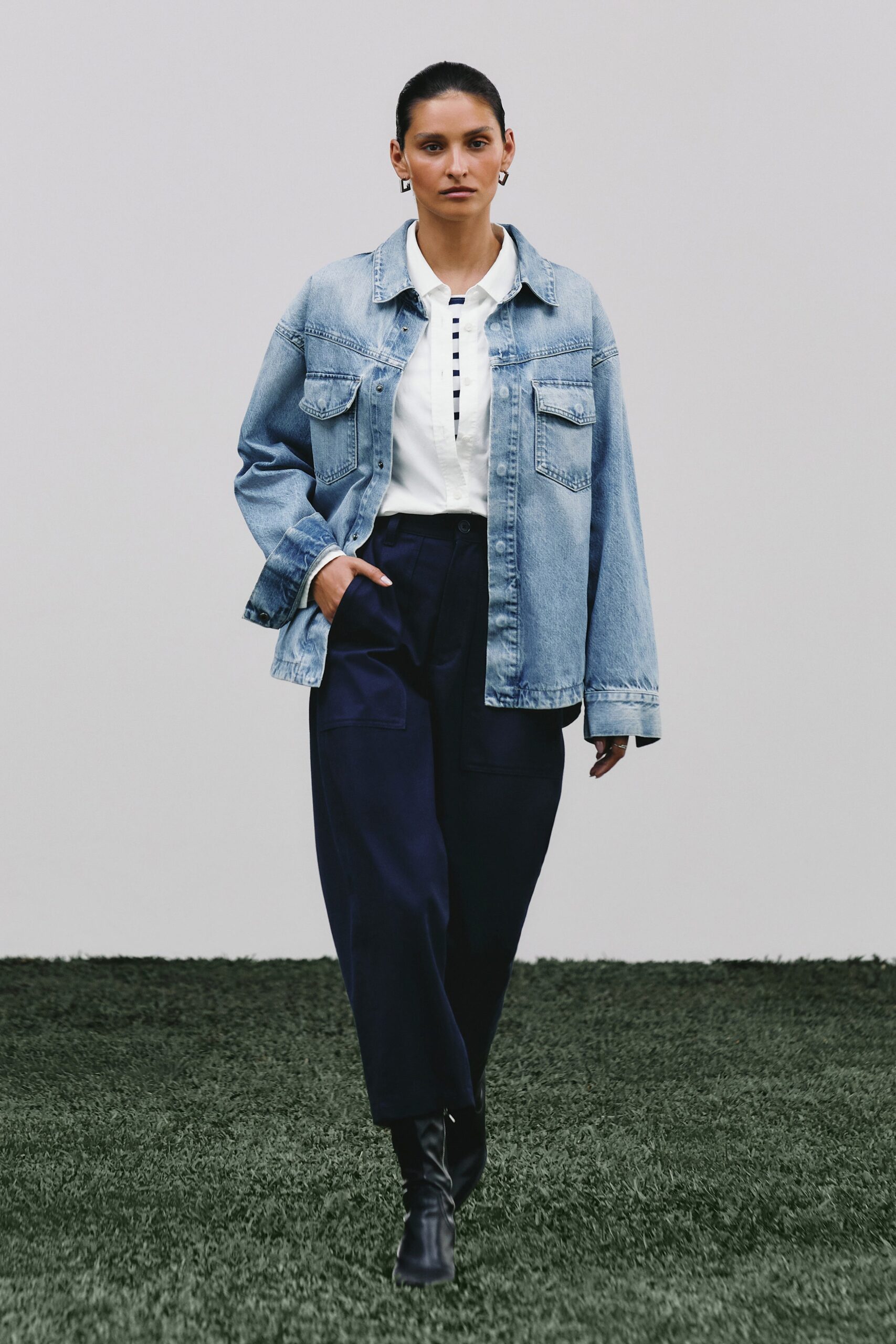 oversized denim jacket with relaxed pants