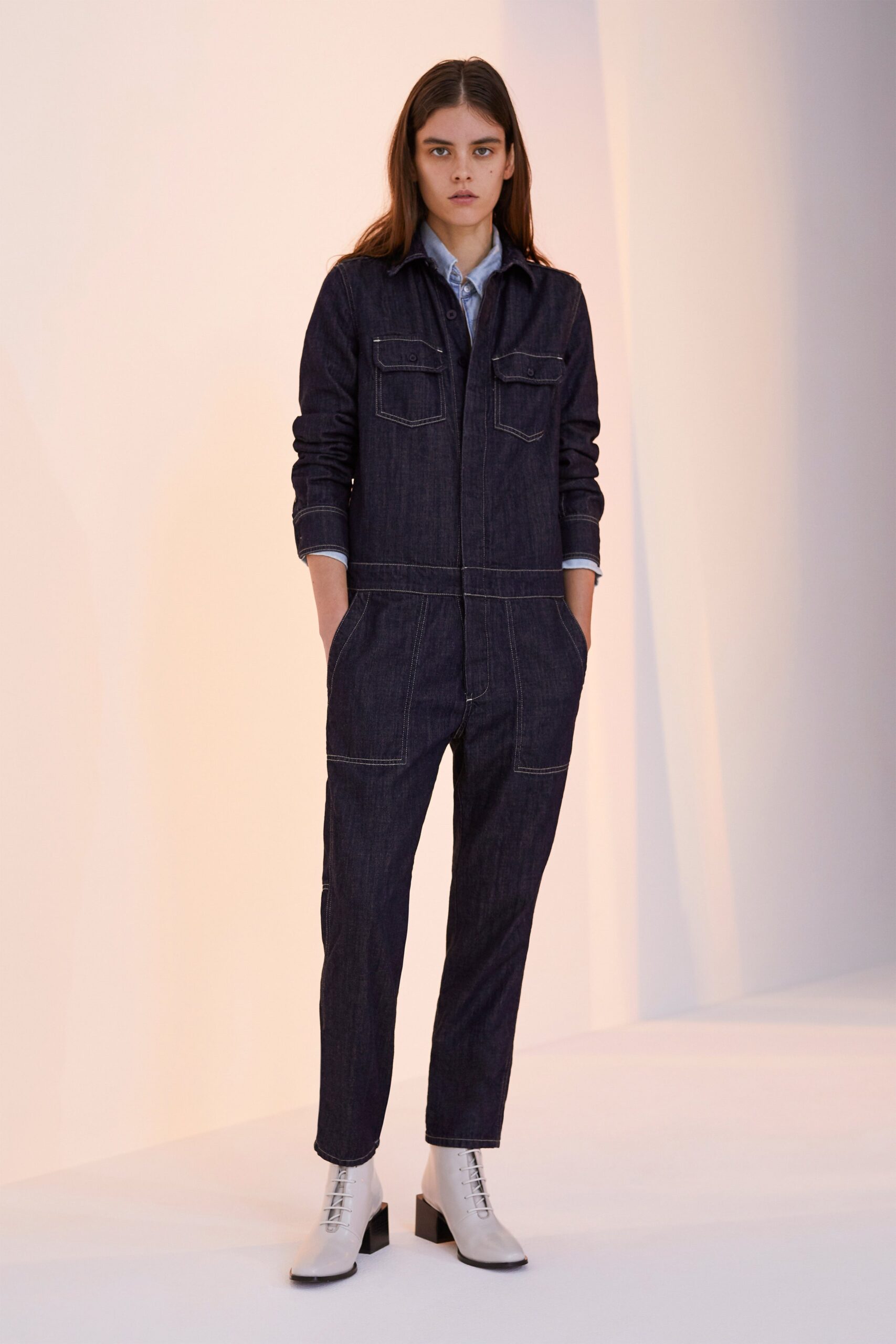 blue denim fitted jumpsuit