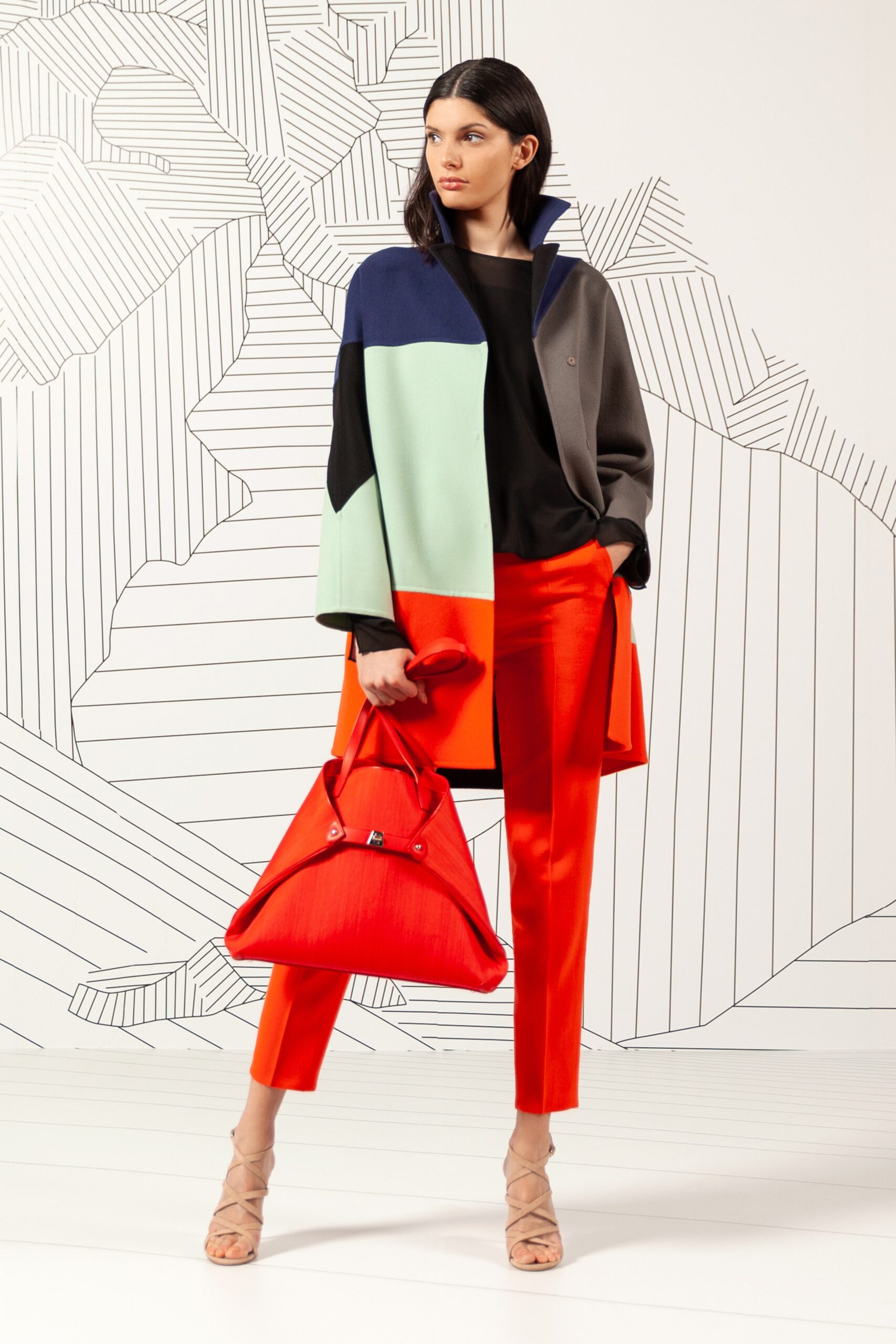 color-blocked coat with tailored pants