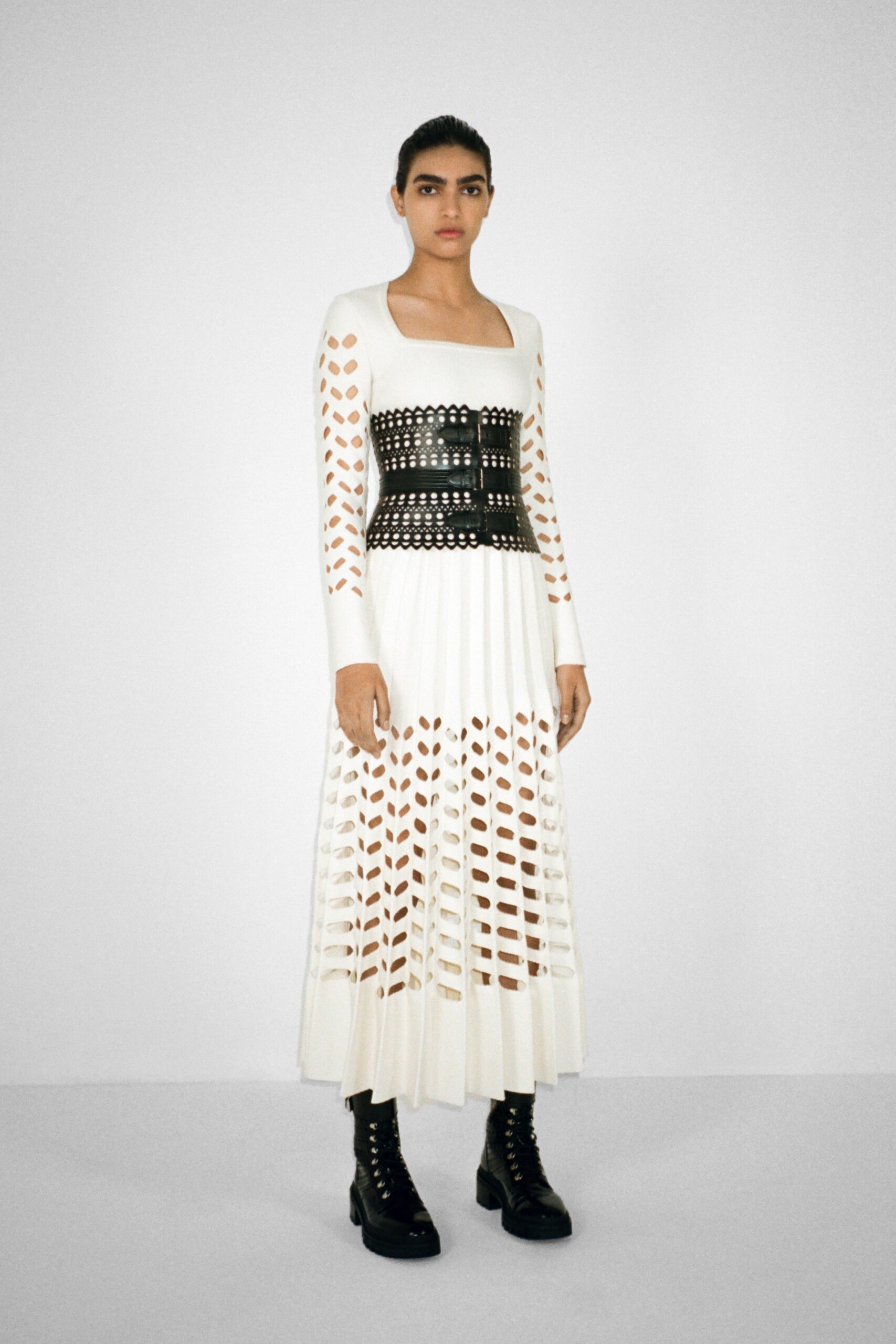 white pleated midi dress with black belt