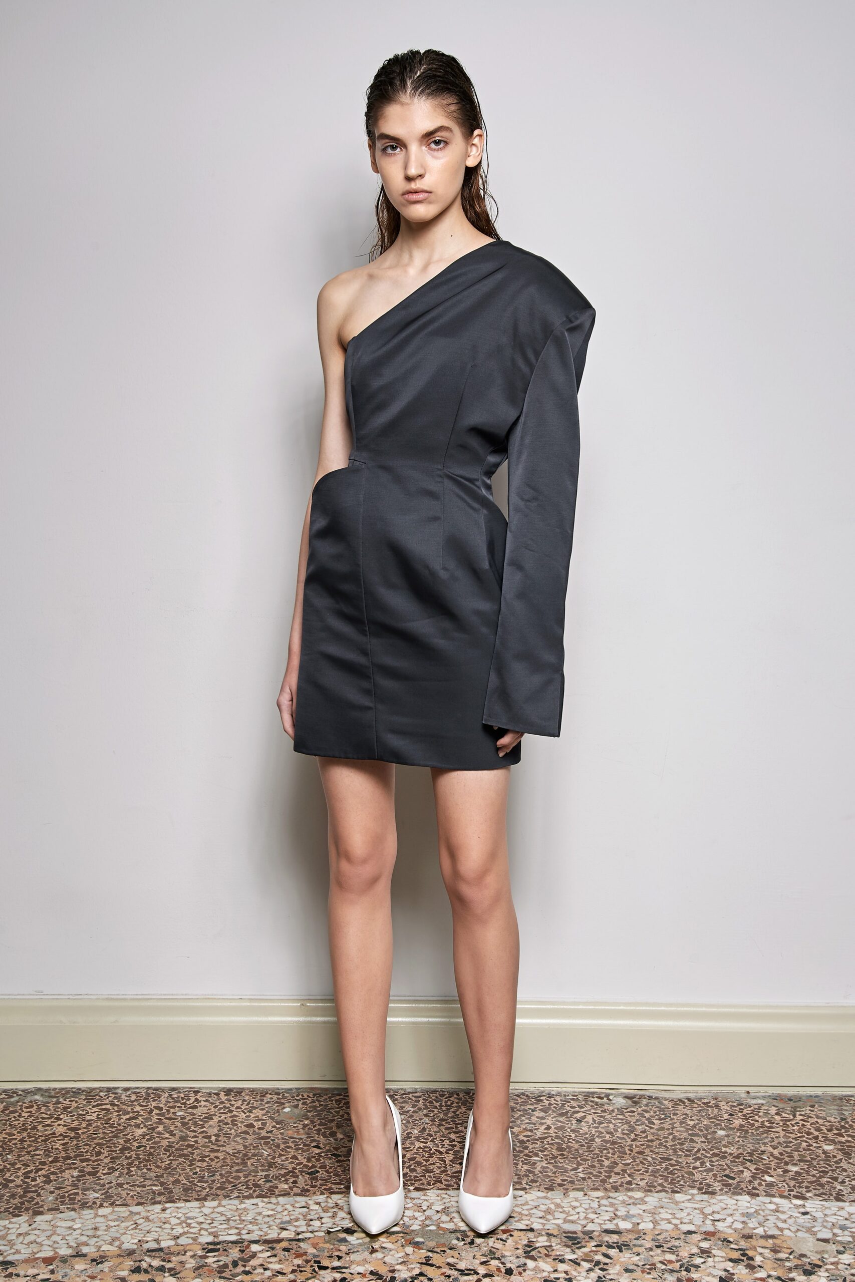 gray silk fitted asymmetric dress