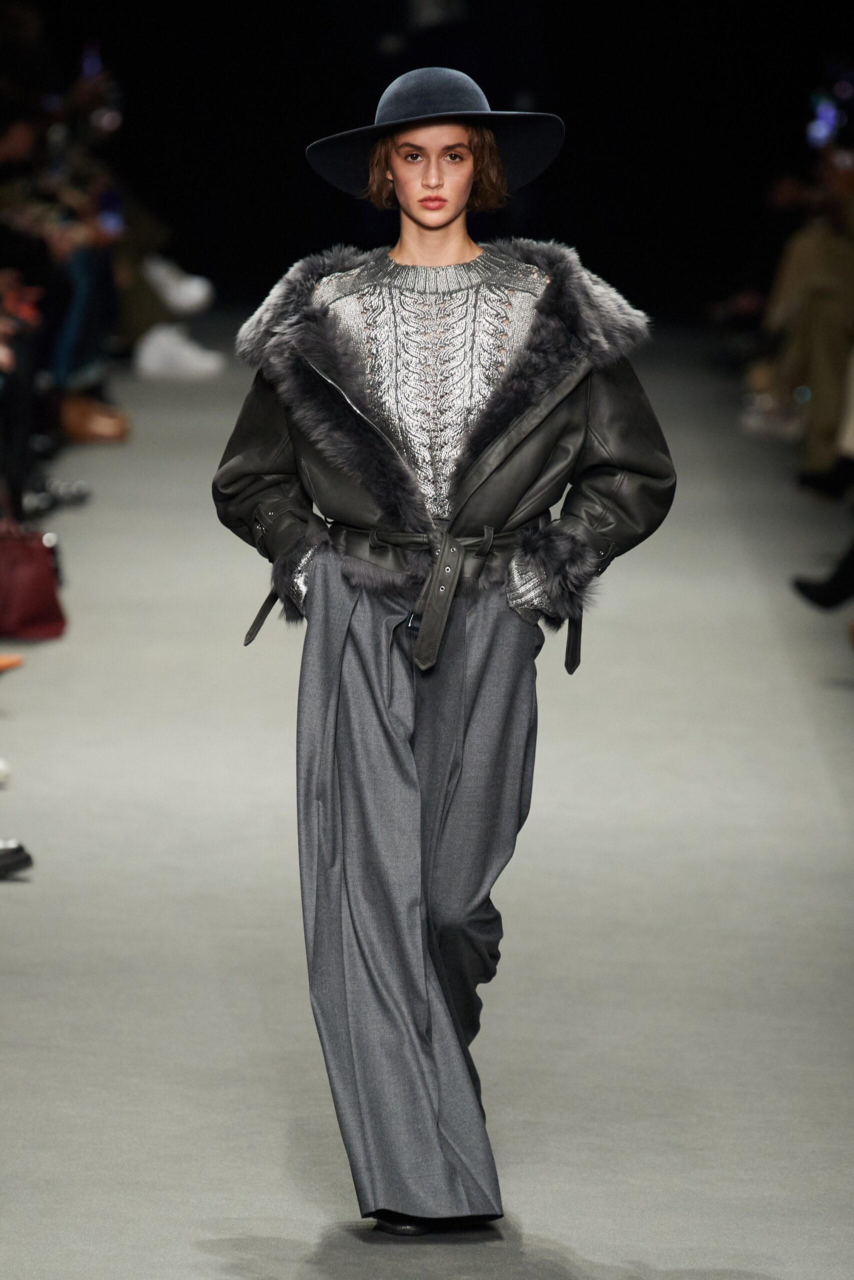 gray leather jacket with fur