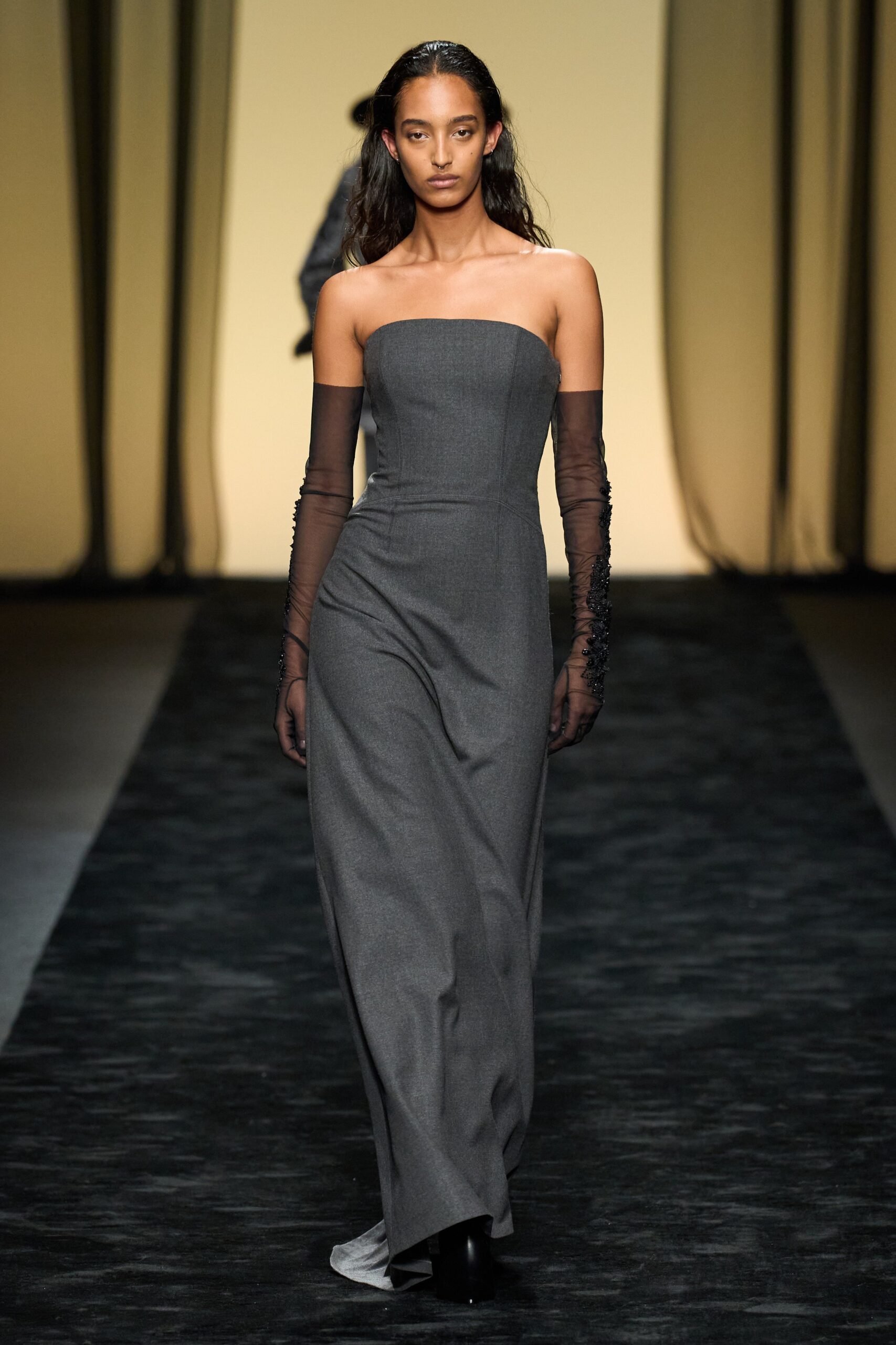 gray strapless gown with gloves