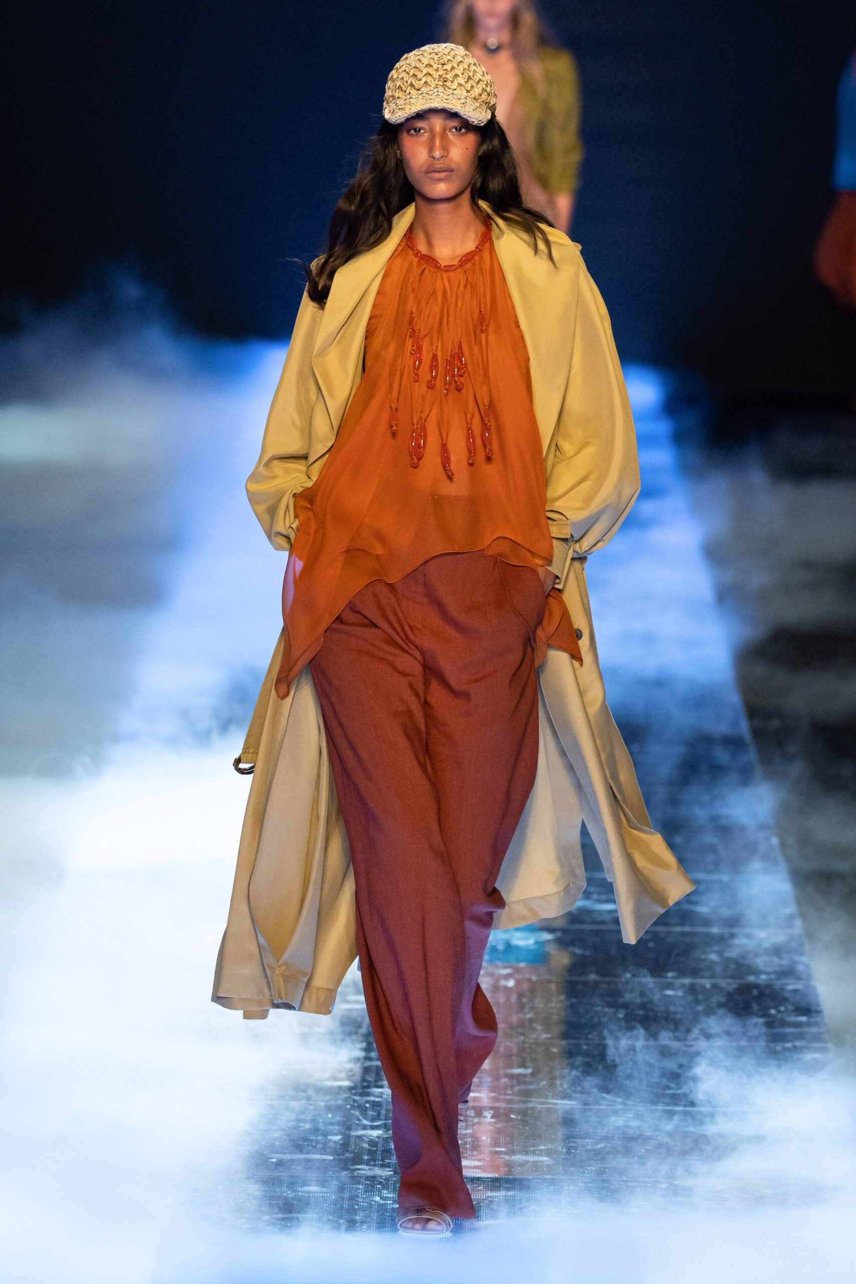 orange long-sleeve v-neck fitted pleated blouse