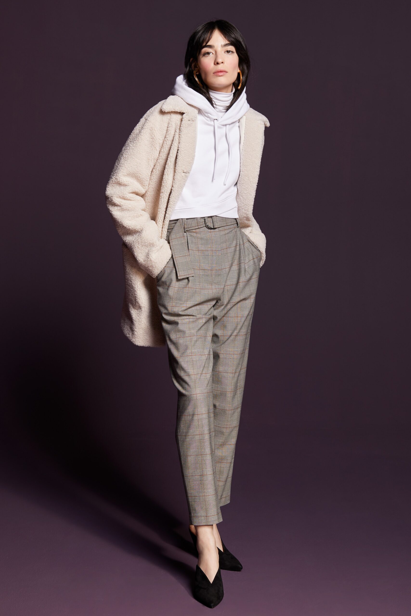 beige faux-fur coat with hoodie