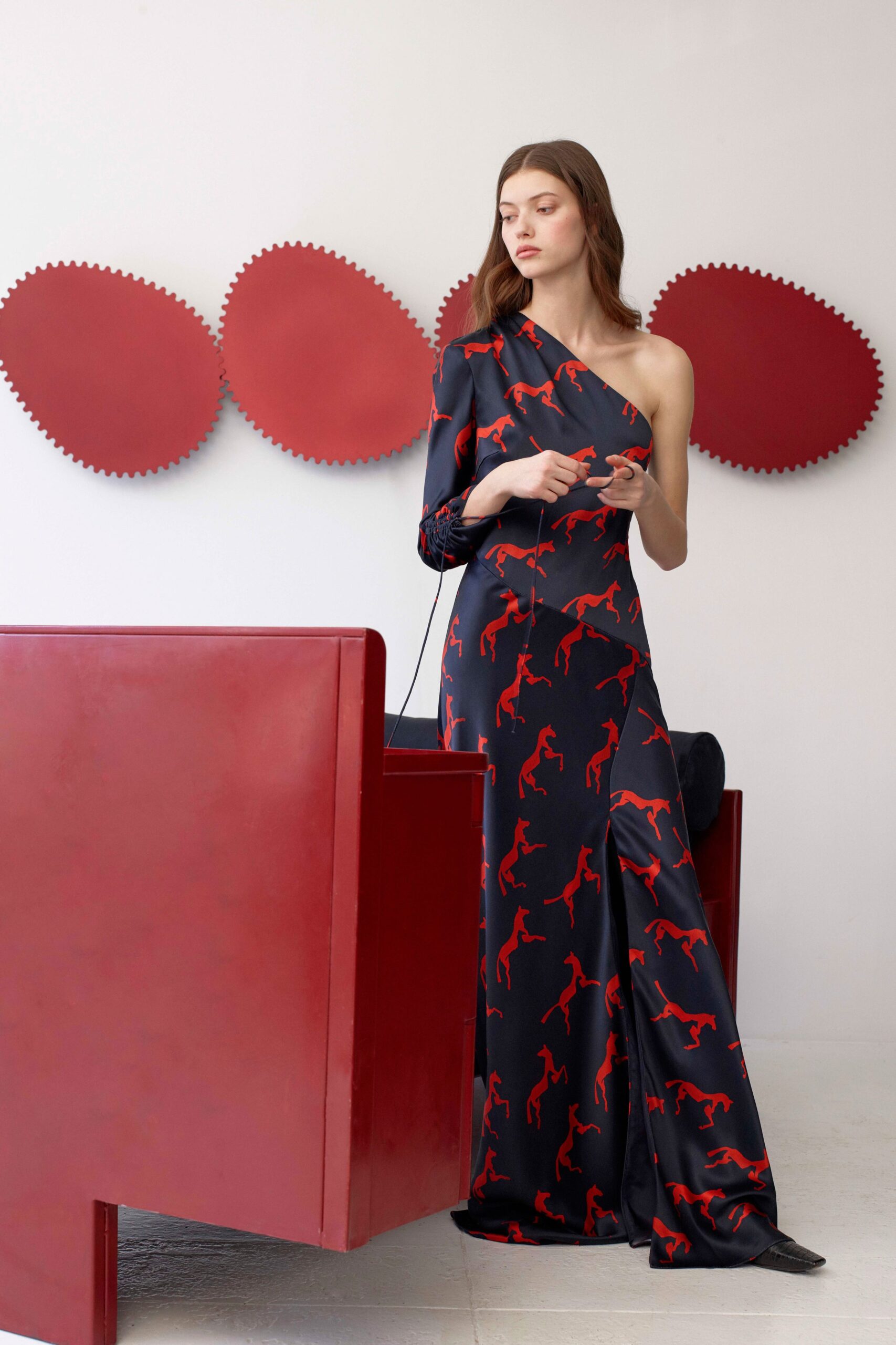 black silk one-shoulder gown