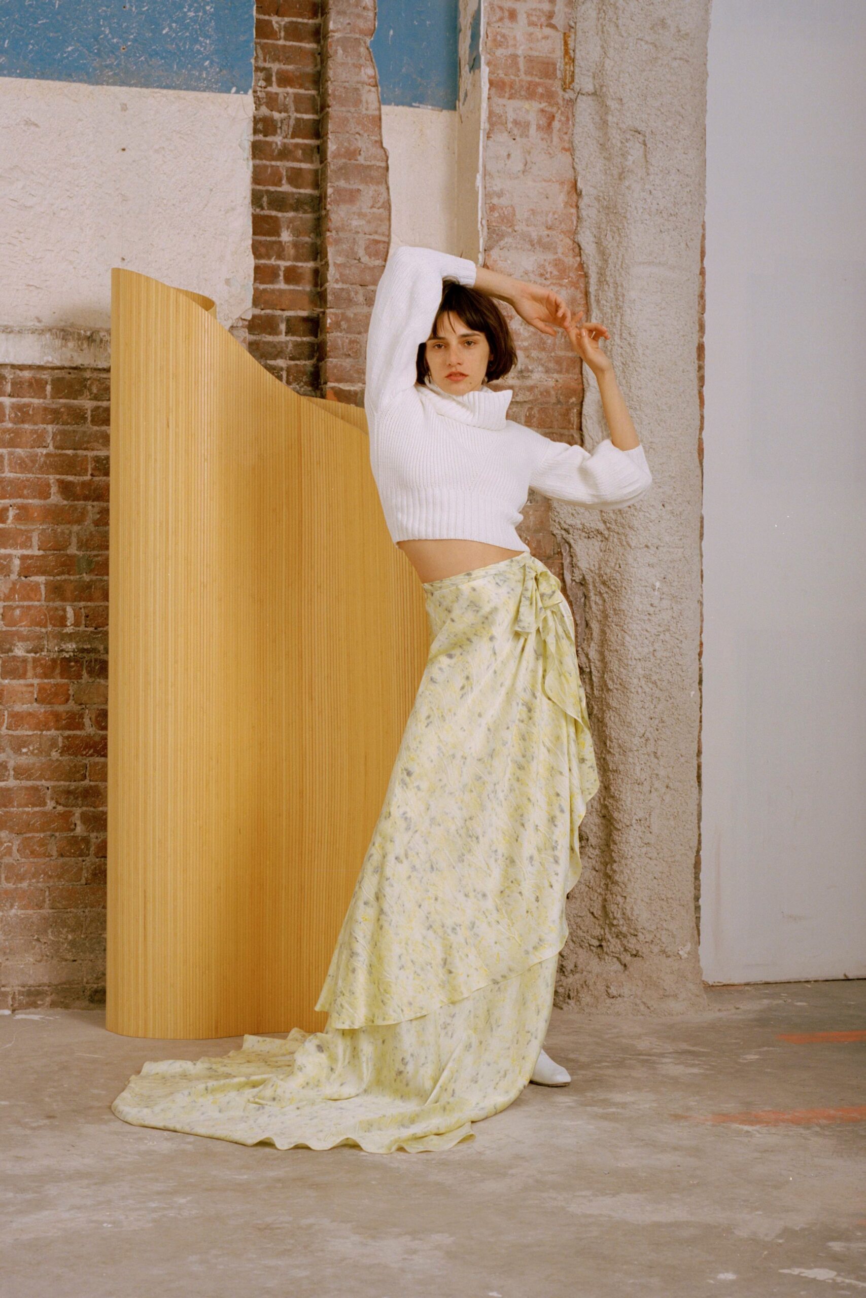 white fitted top with yellow tiered skirt