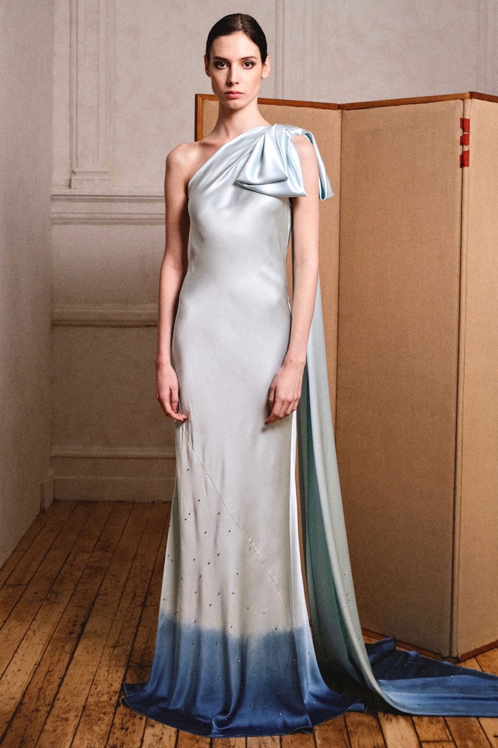 blue and white silk gown