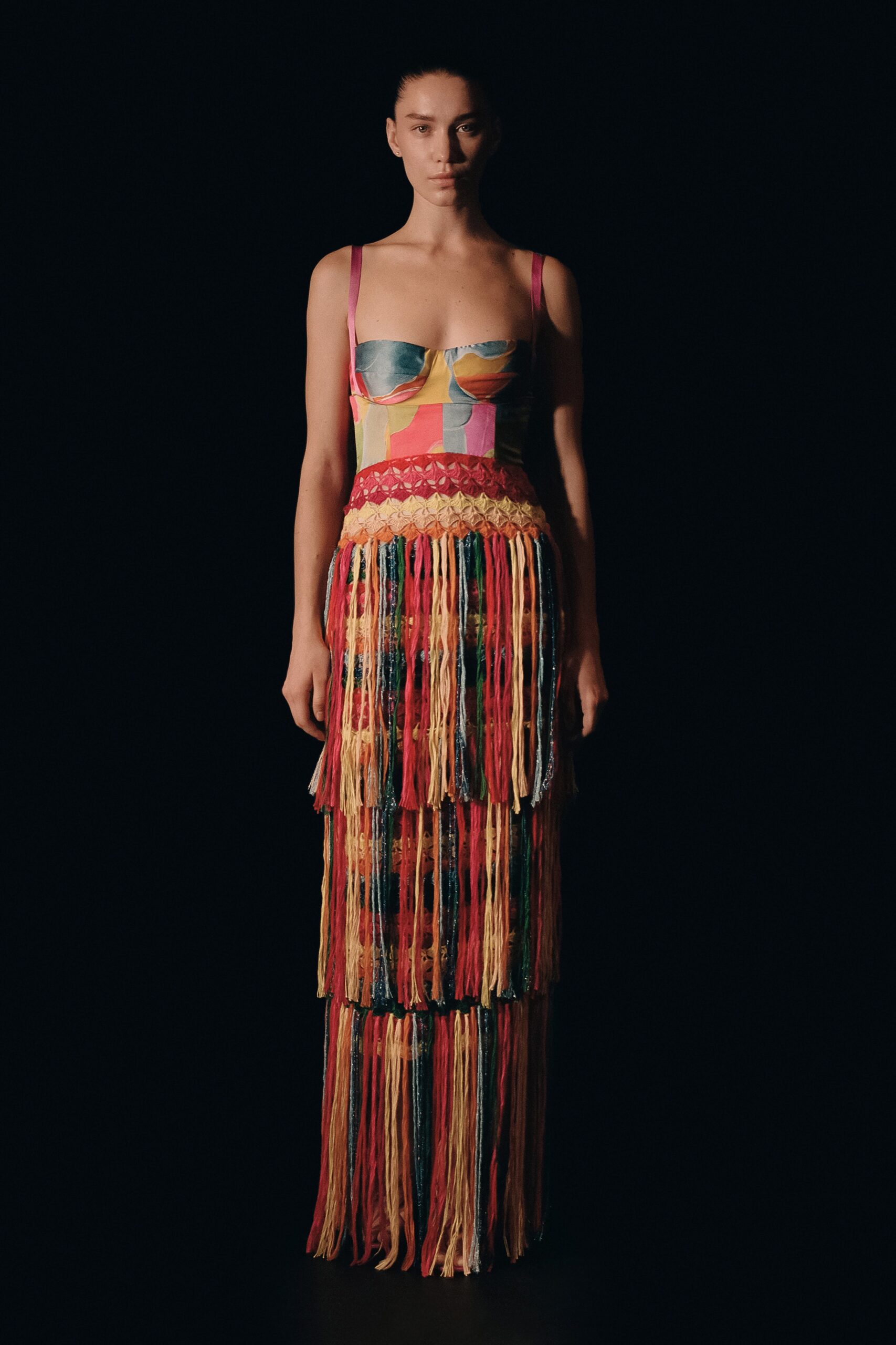 multi-colored fringed maxi dress