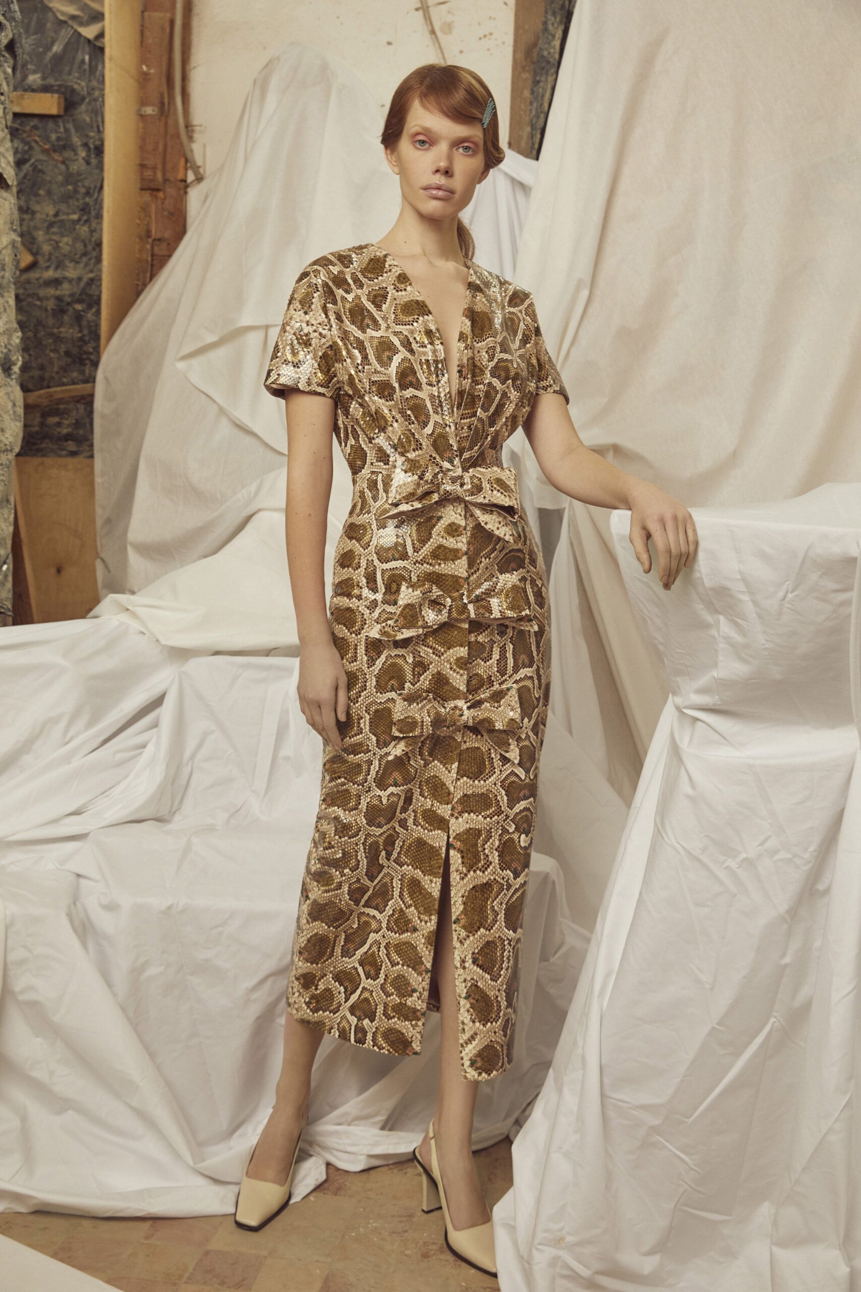 gold and brown printed midi dress