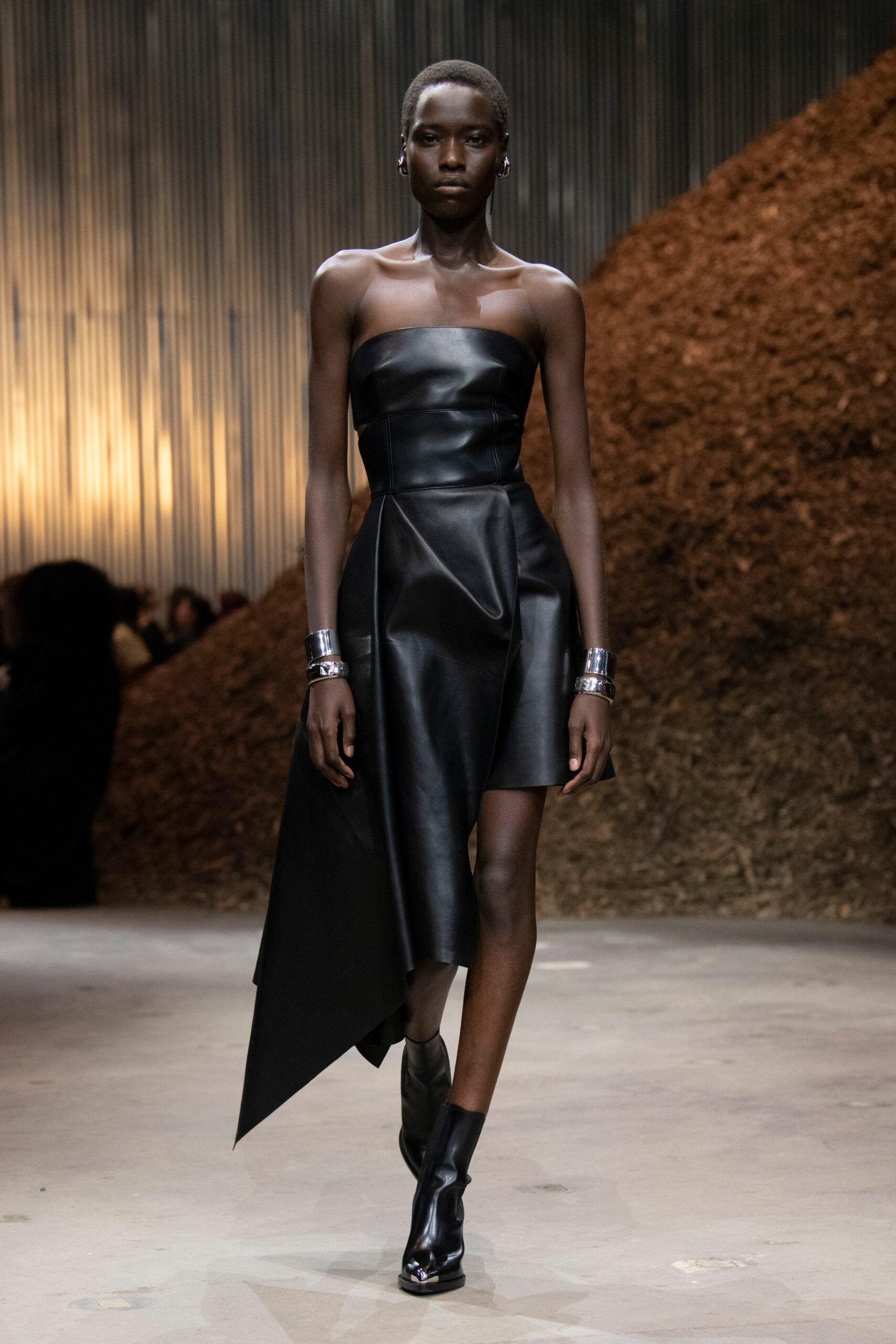 black leather strapless asymmetric dress