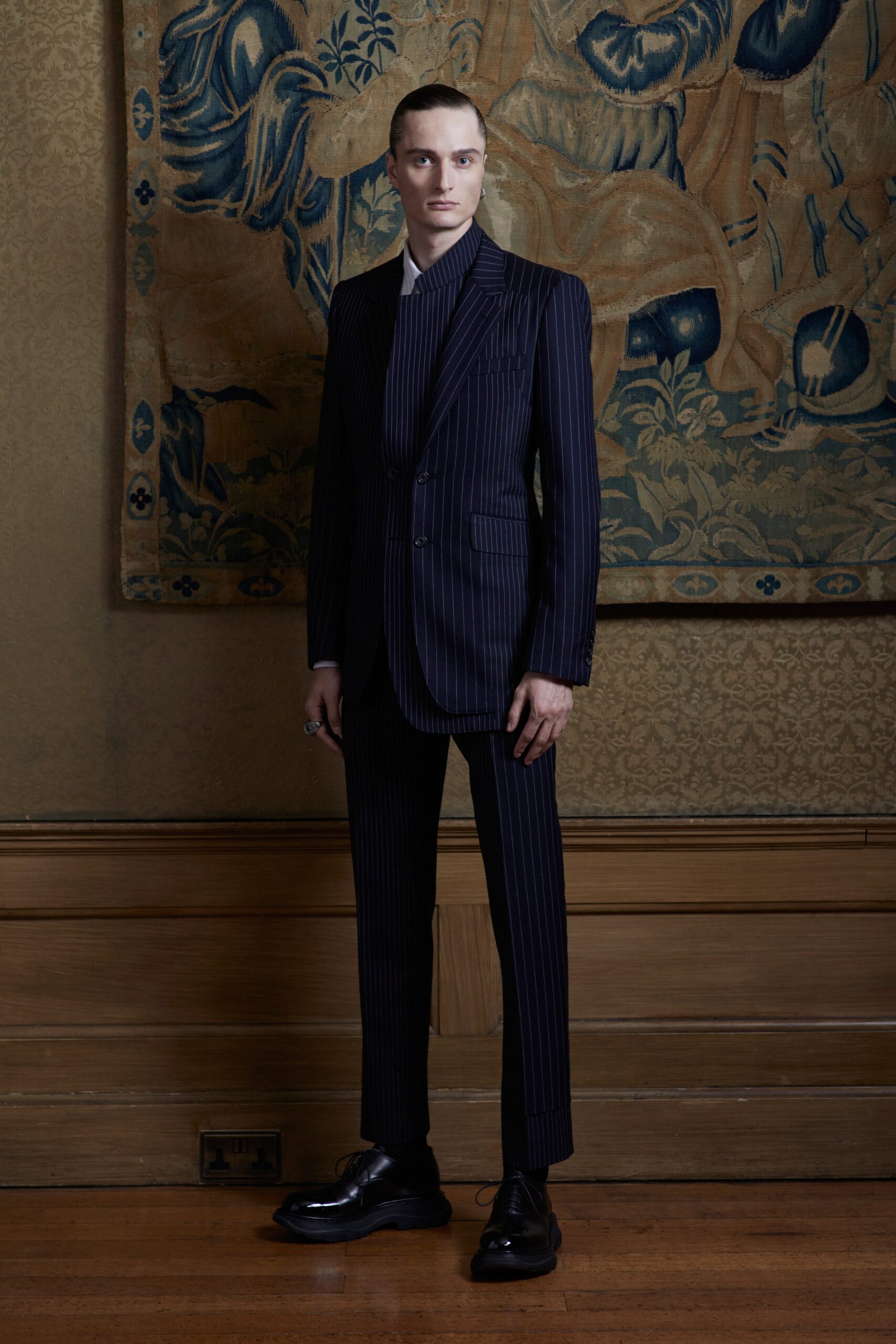 blue wool long-sleeve collared tailored striped suit