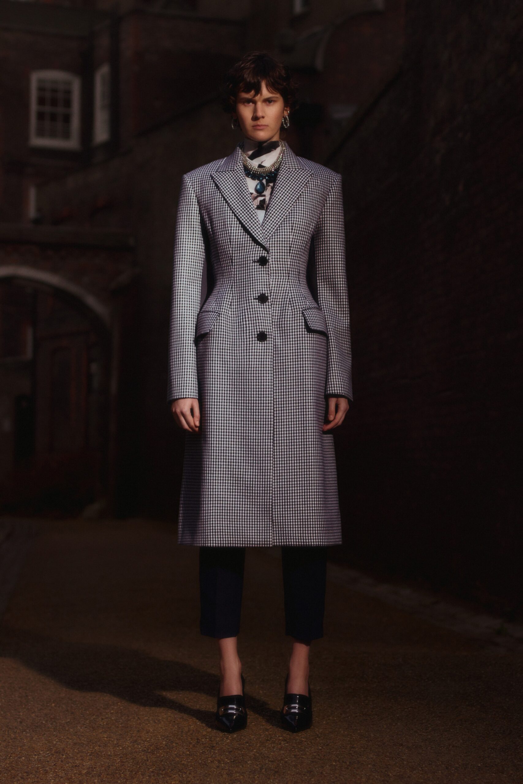black wool long-sleeve collared tailored checked midi coat