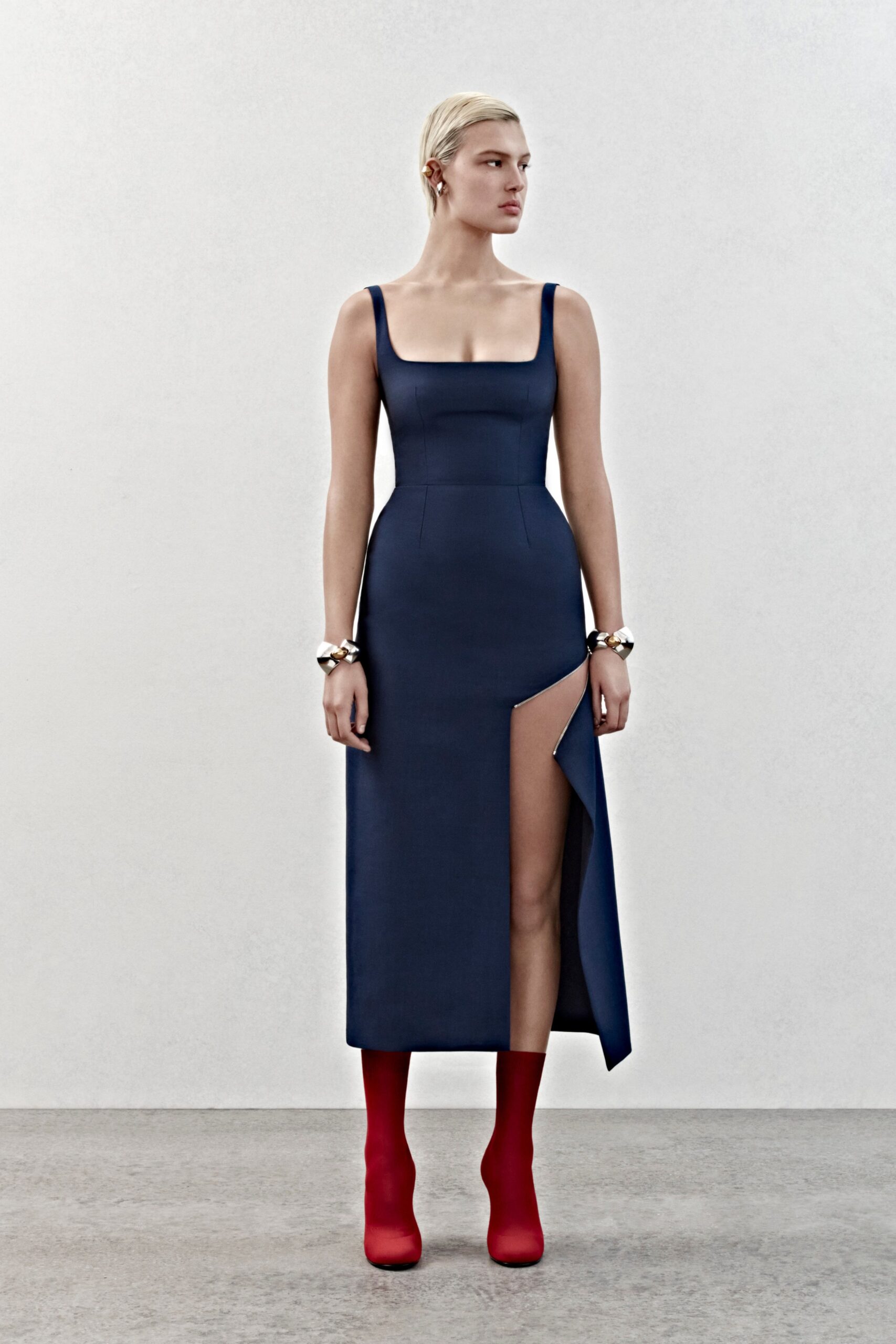 blue fitted midi dress with slit