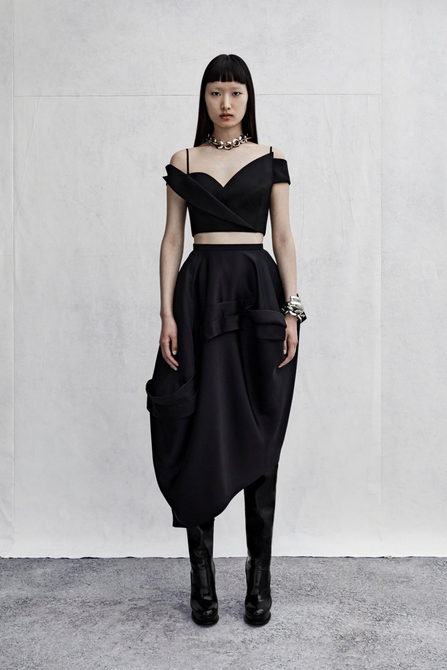 black silk asymmetric fitted pleated midi skirt