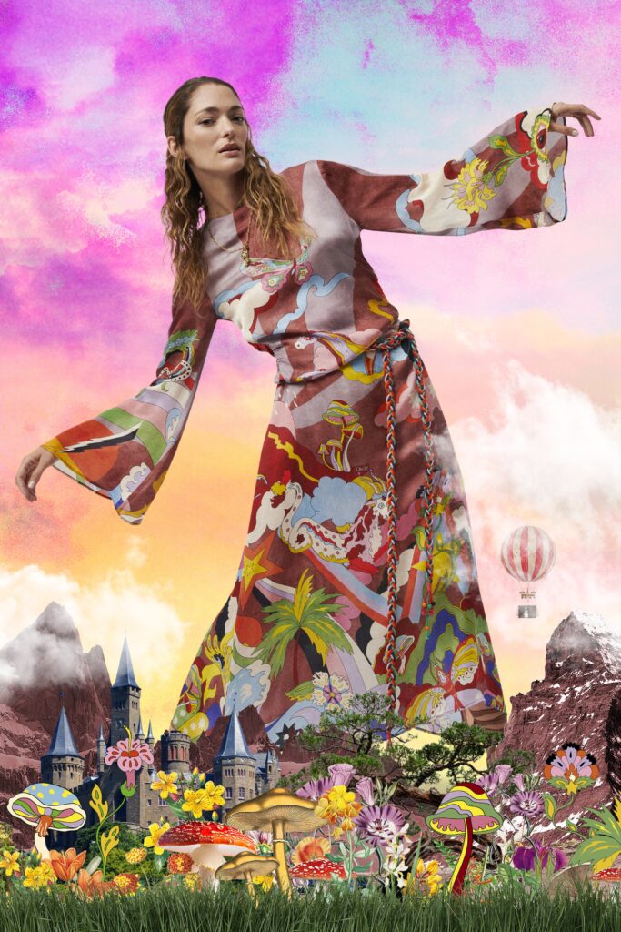 A relaxed multicolor long-sleeve dress with a V-neckline and printed design.