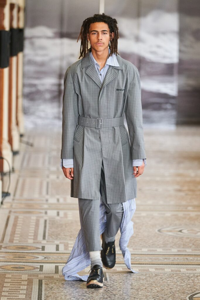 gray tailored trench coat with pants