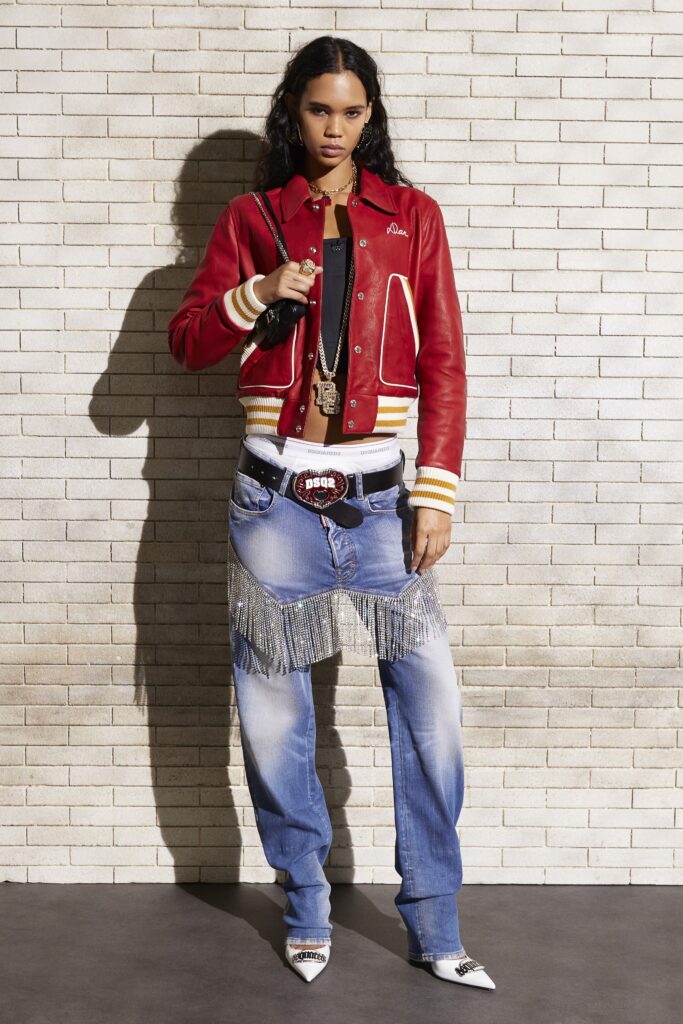 red leather jacket and blue denim pants