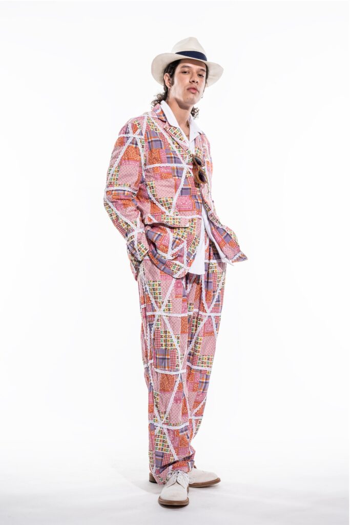 A relaxed multicolor checked suit with a long-sleeve collared shirt.