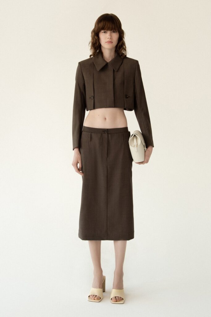 brown cropped blazer and midi skirt