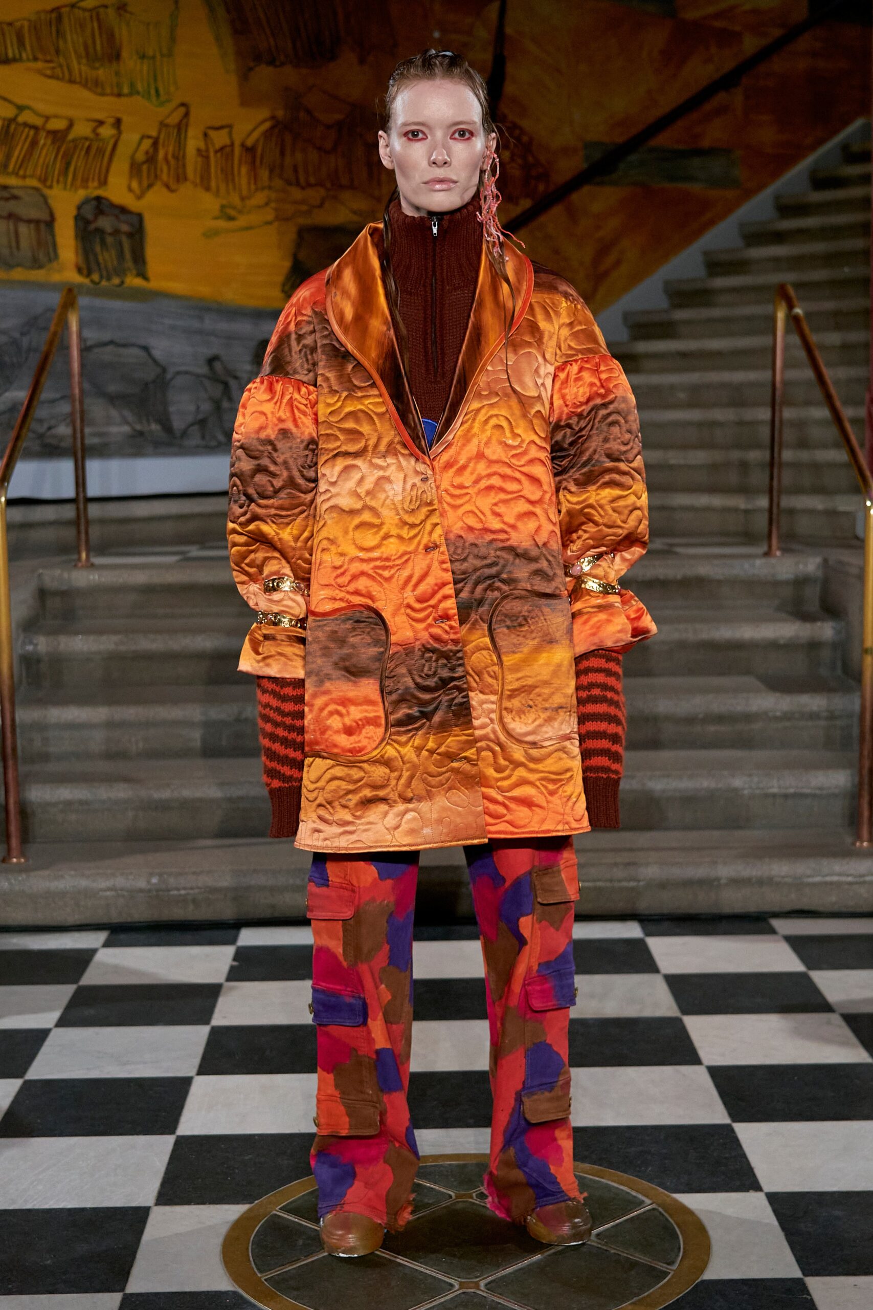 oversized silk coat with flared pants