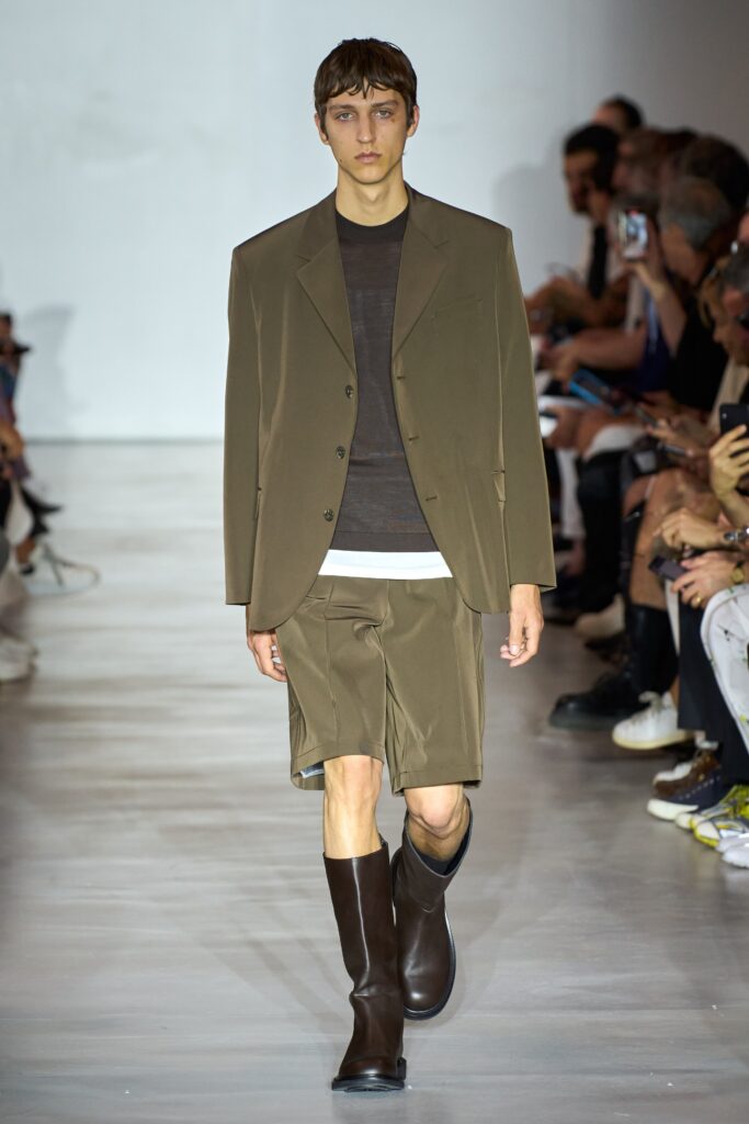 A relaxed brown jacket paired with matching shorts, featuring a collared design.