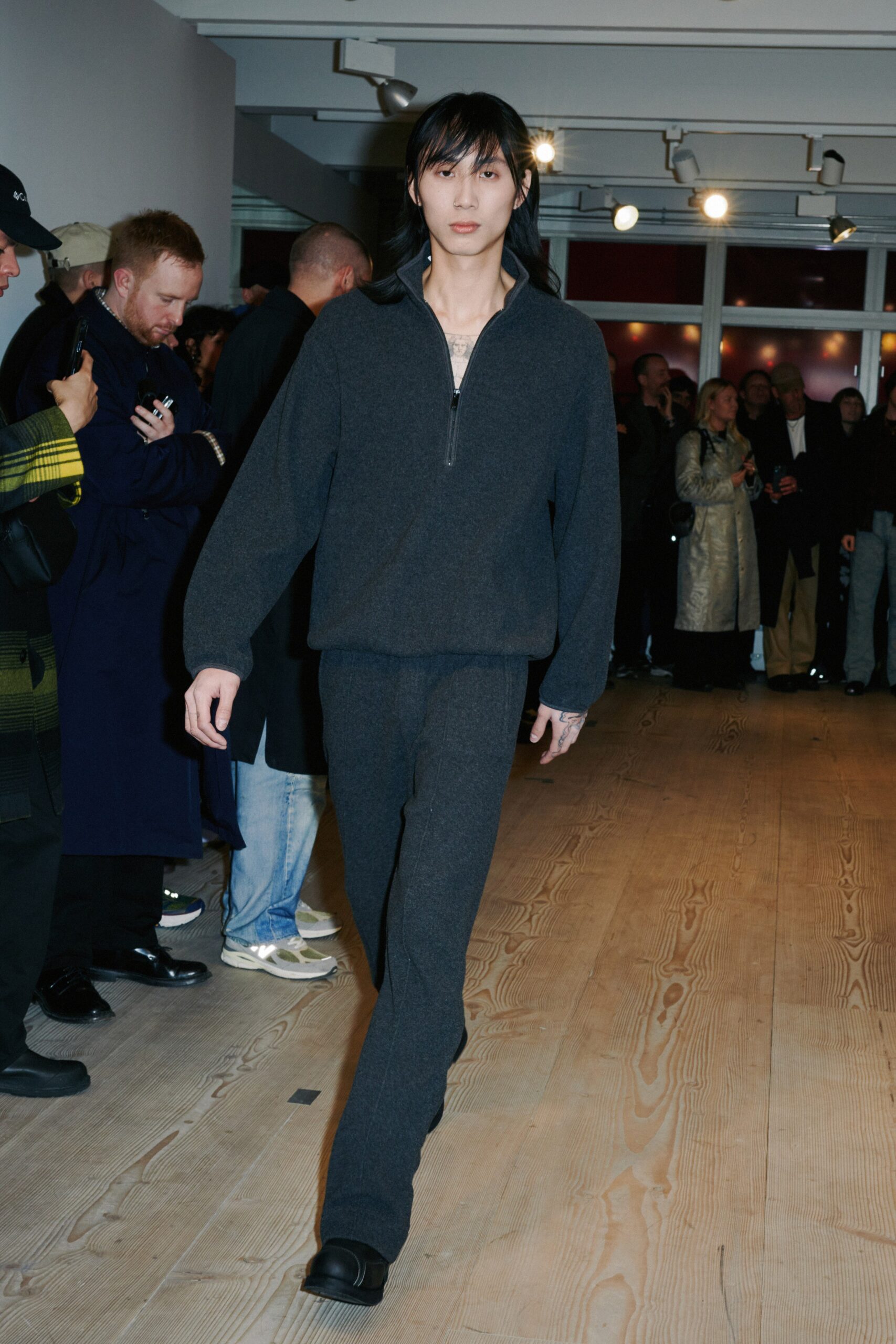 gray wool relaxed sweater and fitted pants