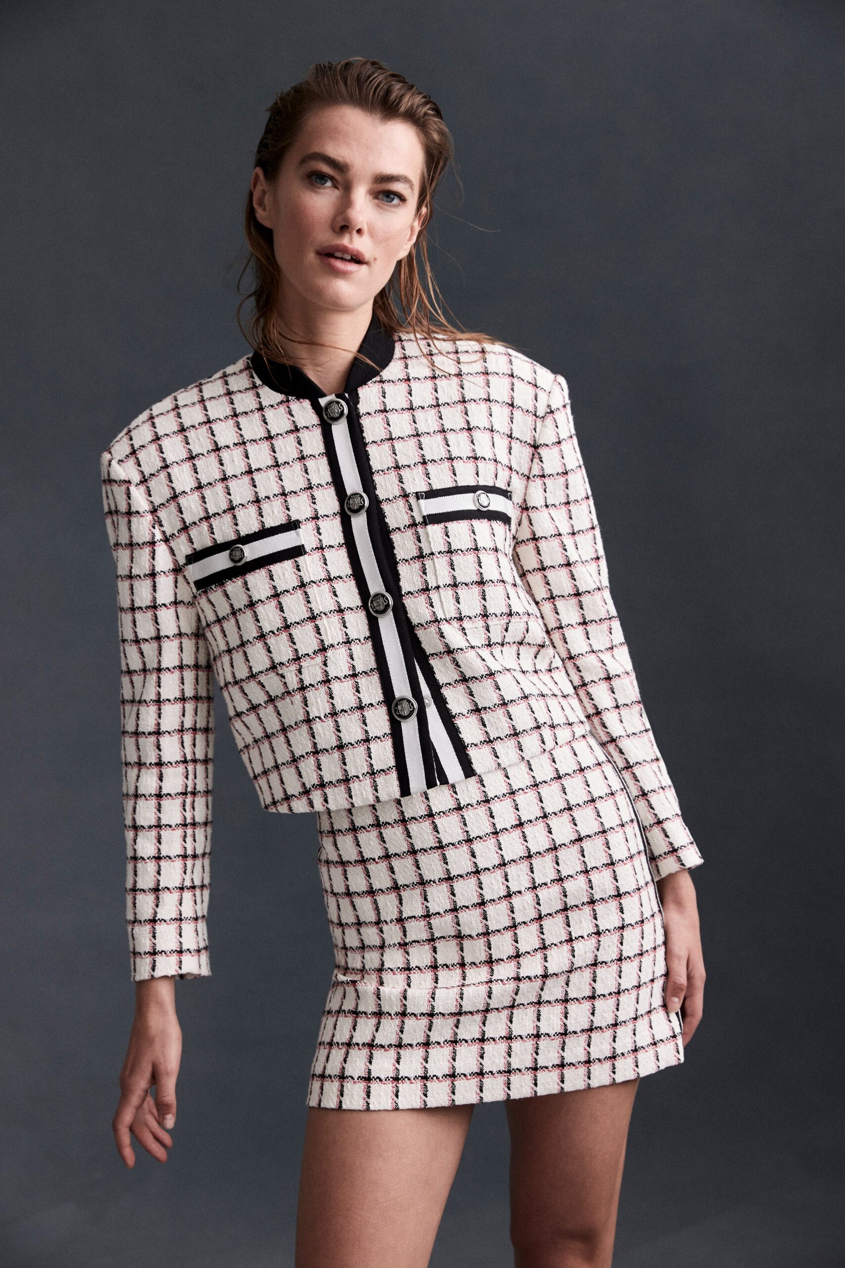 checked blazer and mini skirt