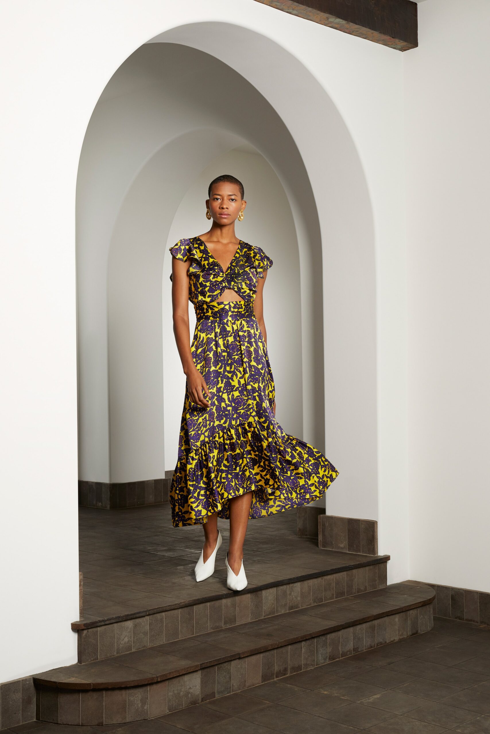 purple and yellow printed midi dress