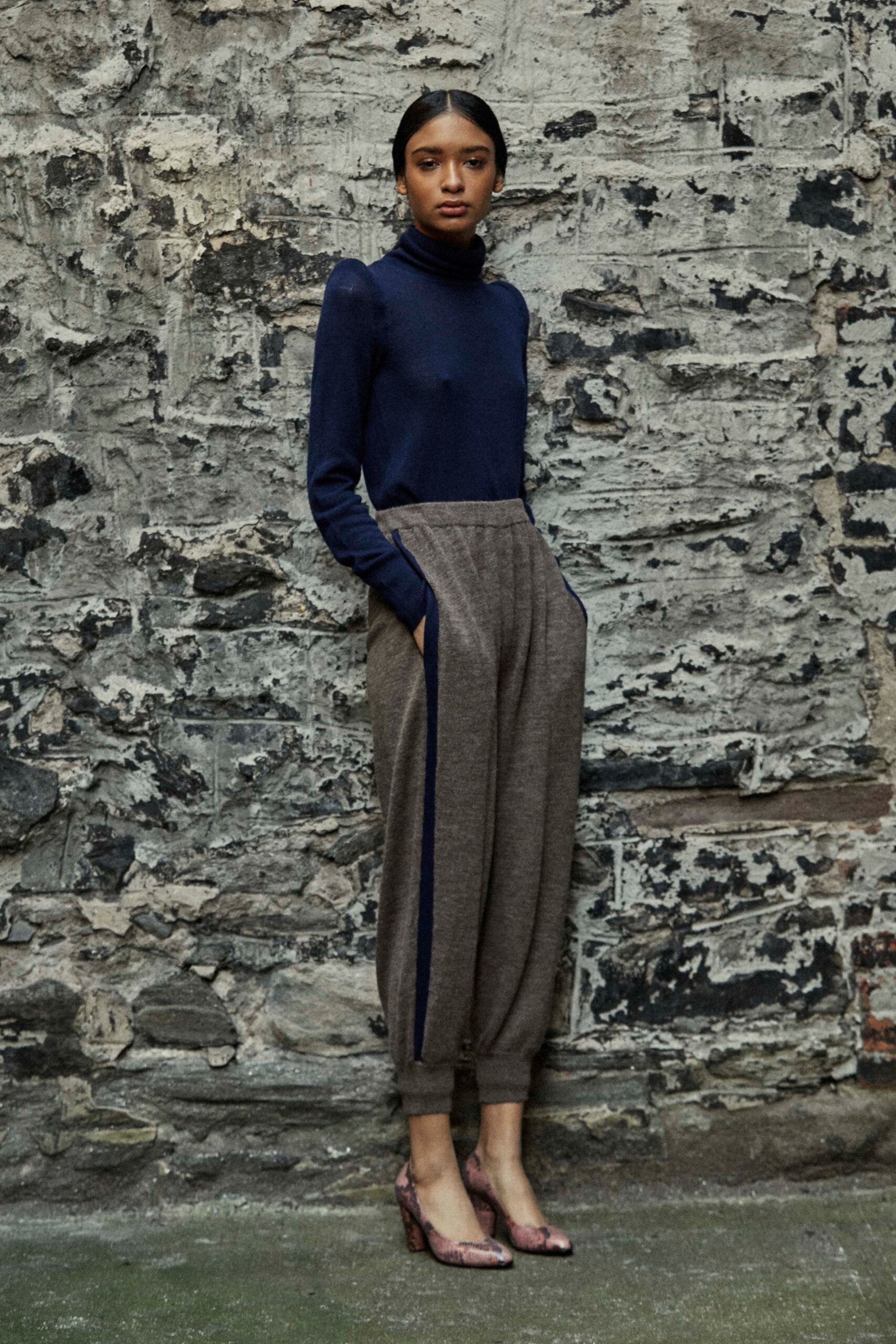 navy turtleneck top with relaxed pants
