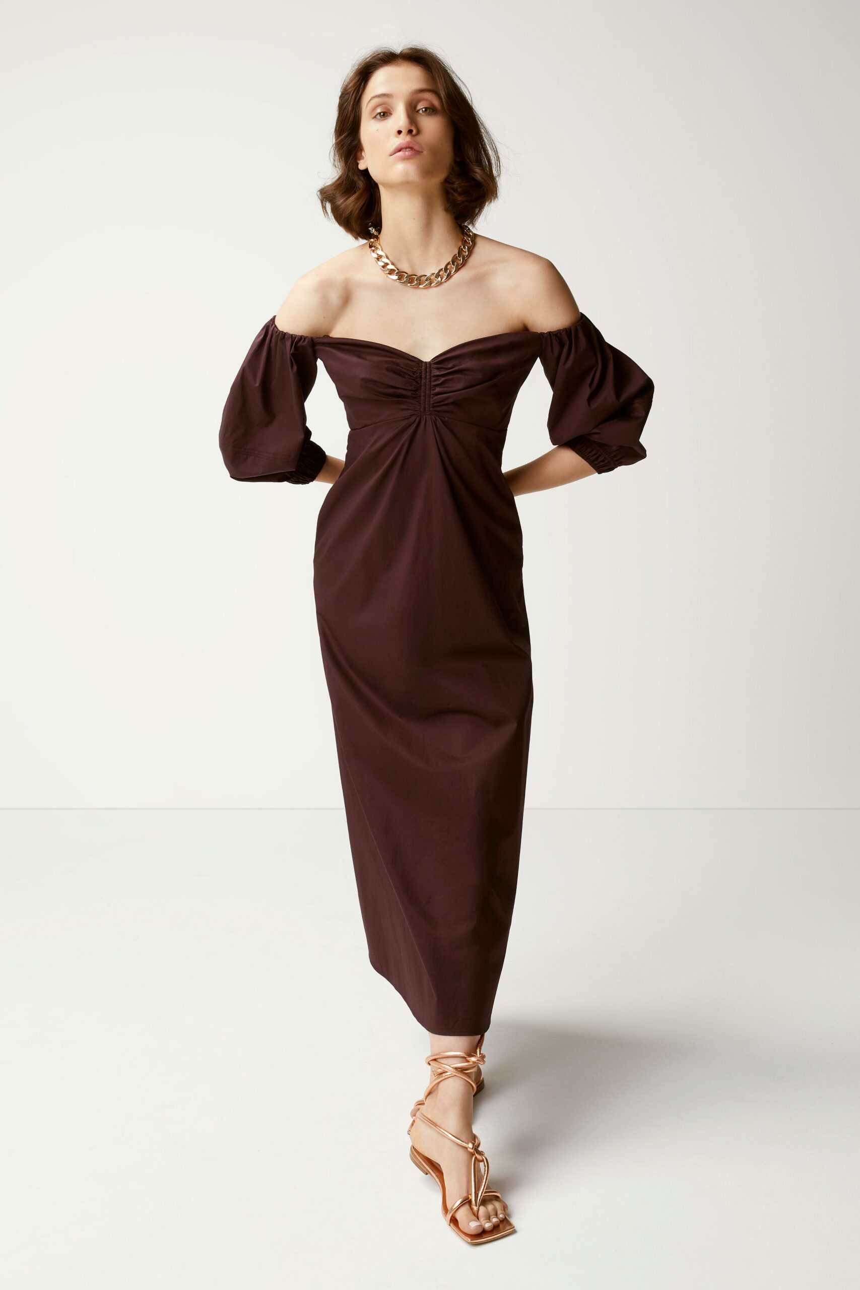 brown off-shoulder fitted dress