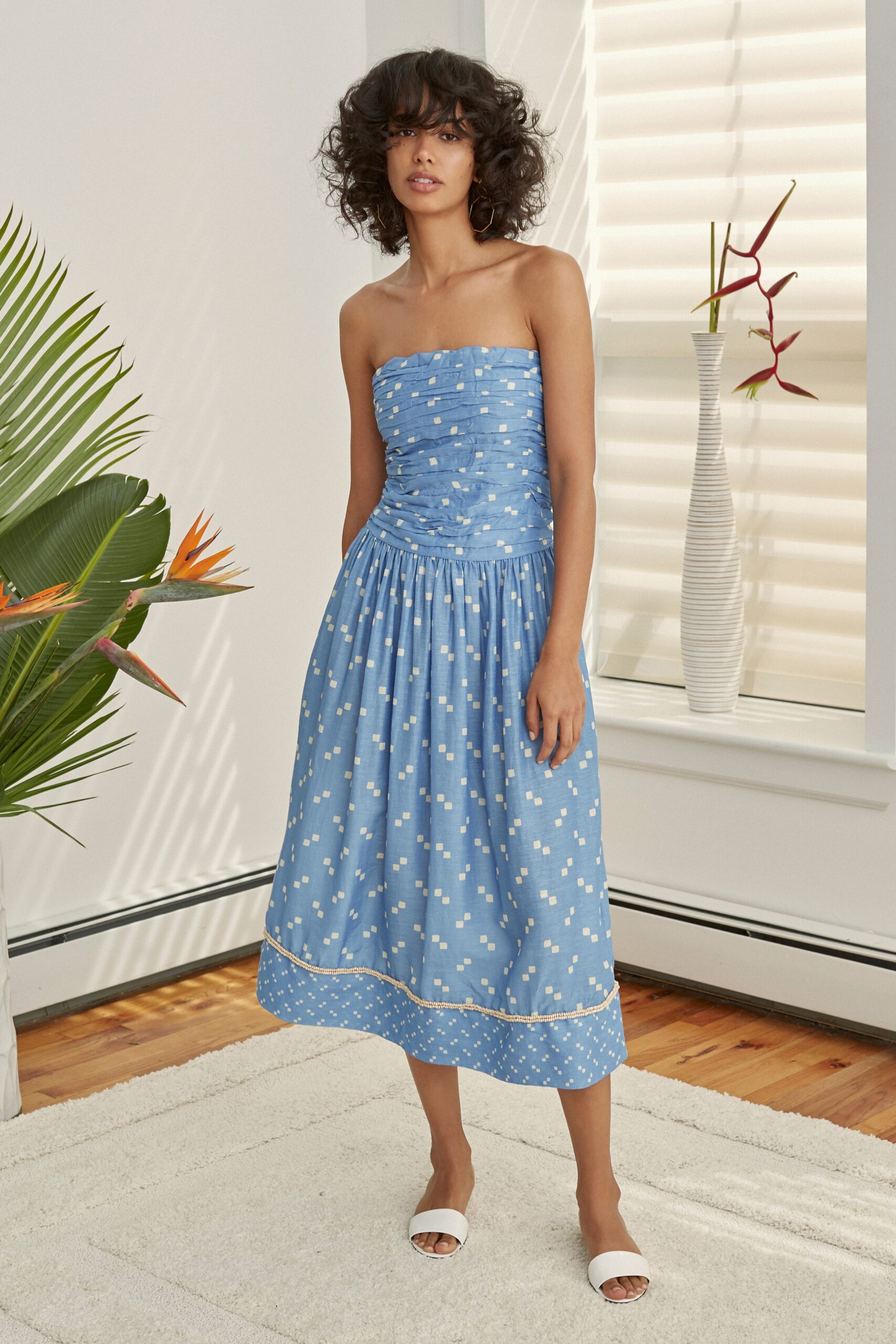 blue and white strapless midi dress