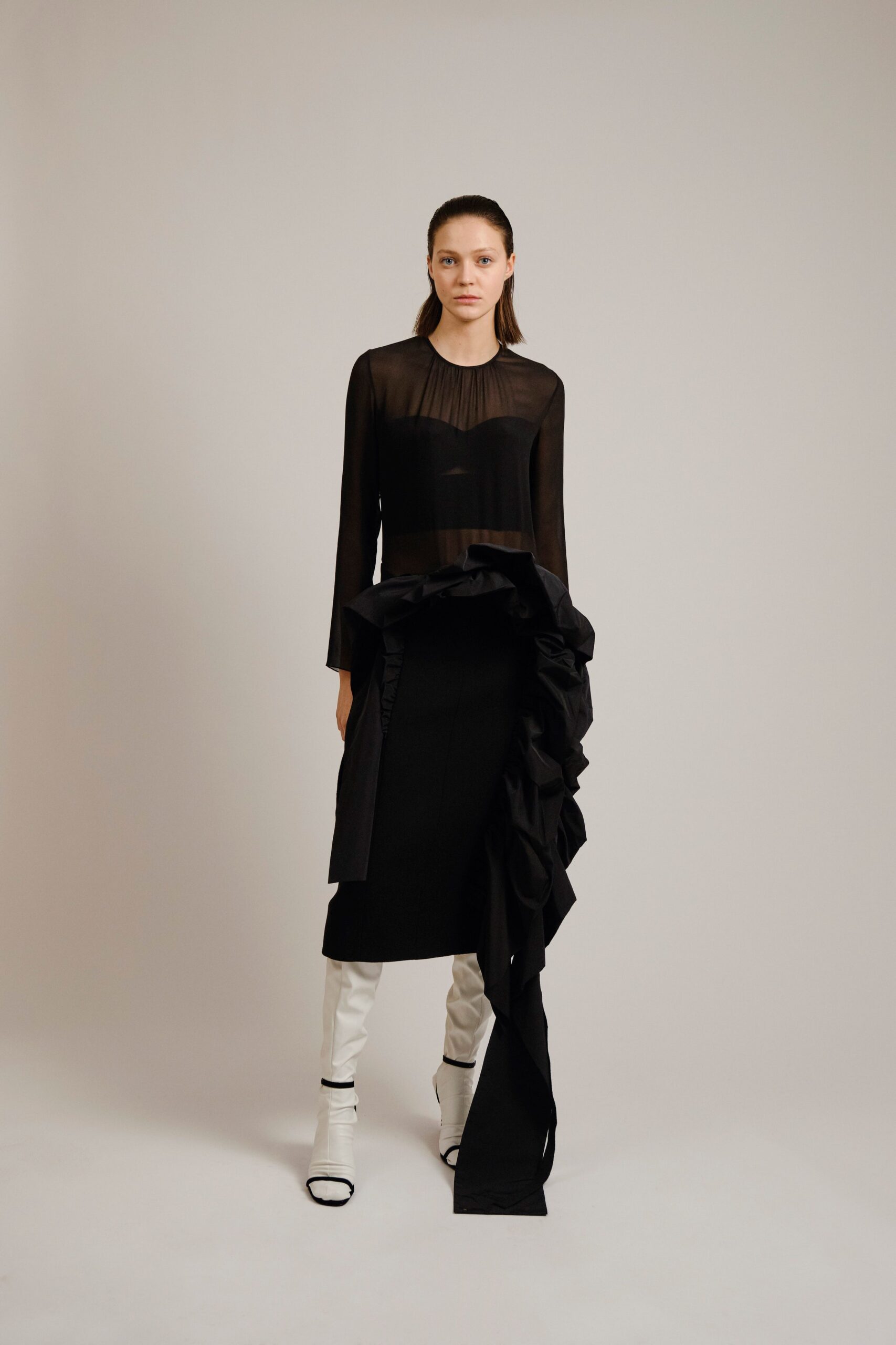black silk long-sleeve high-neck fitted pleated sheer top
