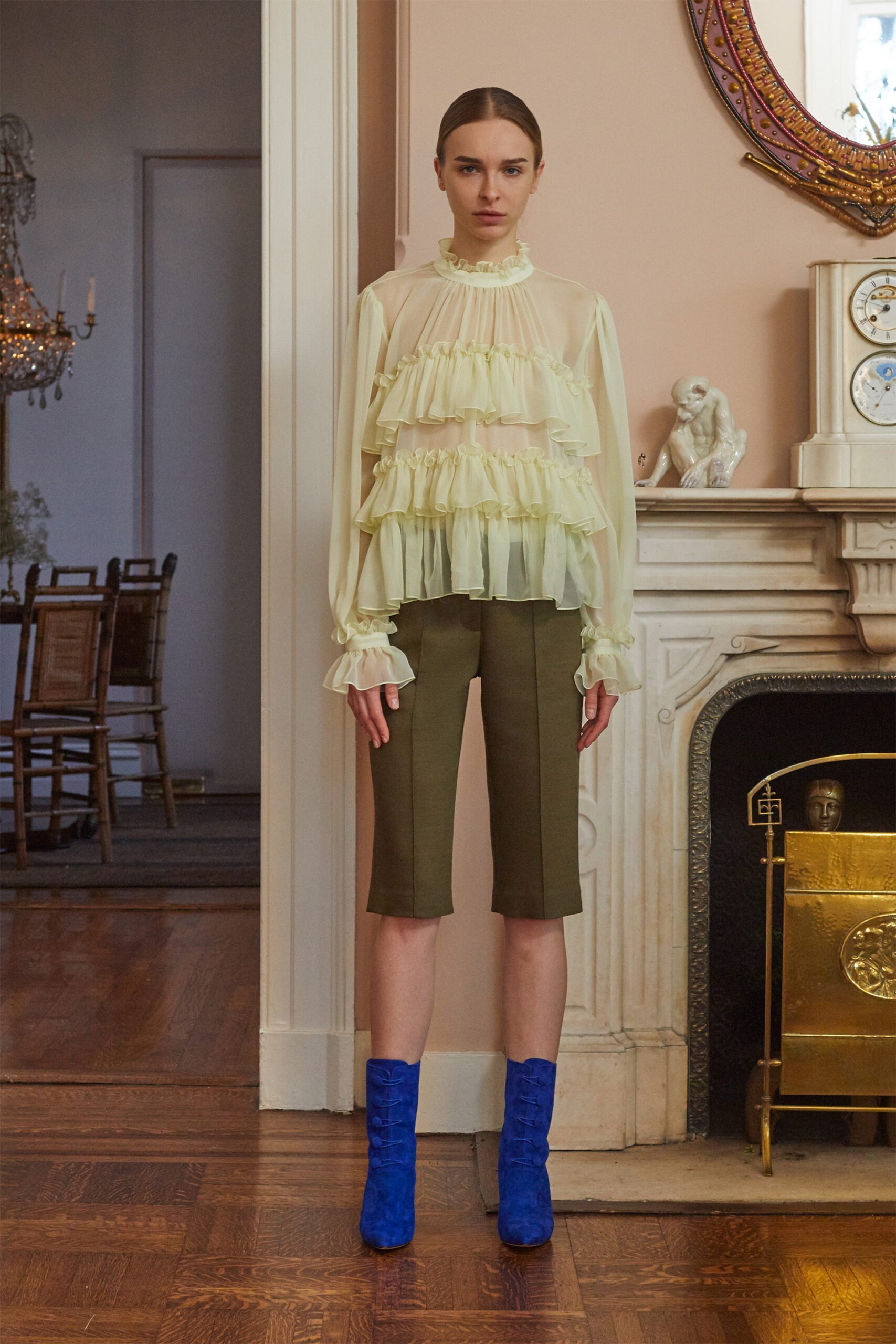 yellow chiffon long-sleeve high-neck fitted ruffled flowing blouse