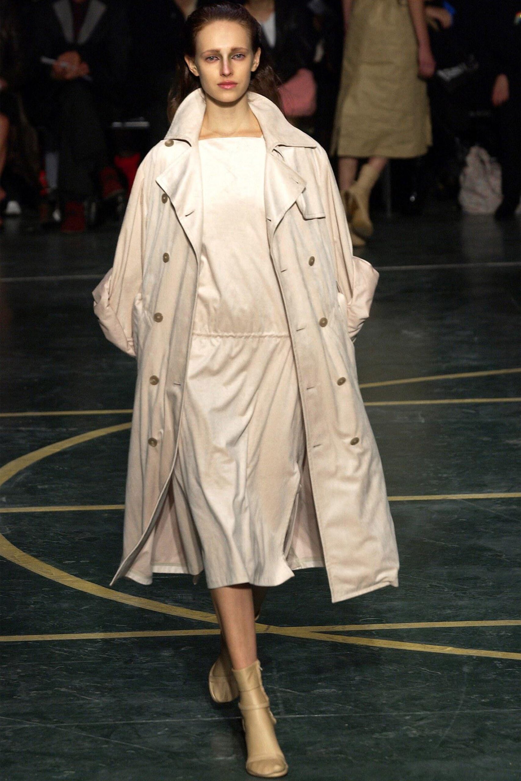beige cotton coat and silk dress