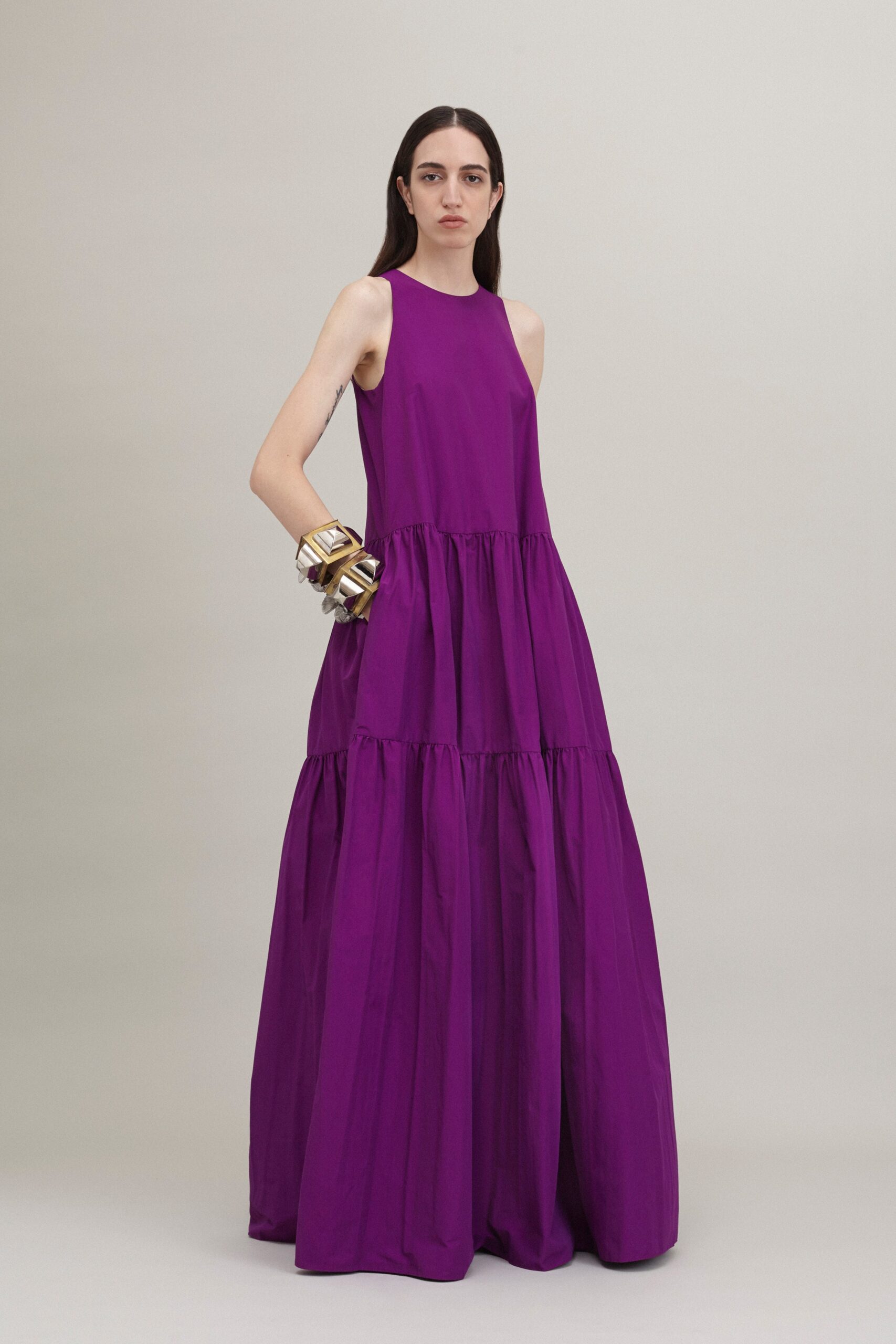 purple tiered sleeveless dress