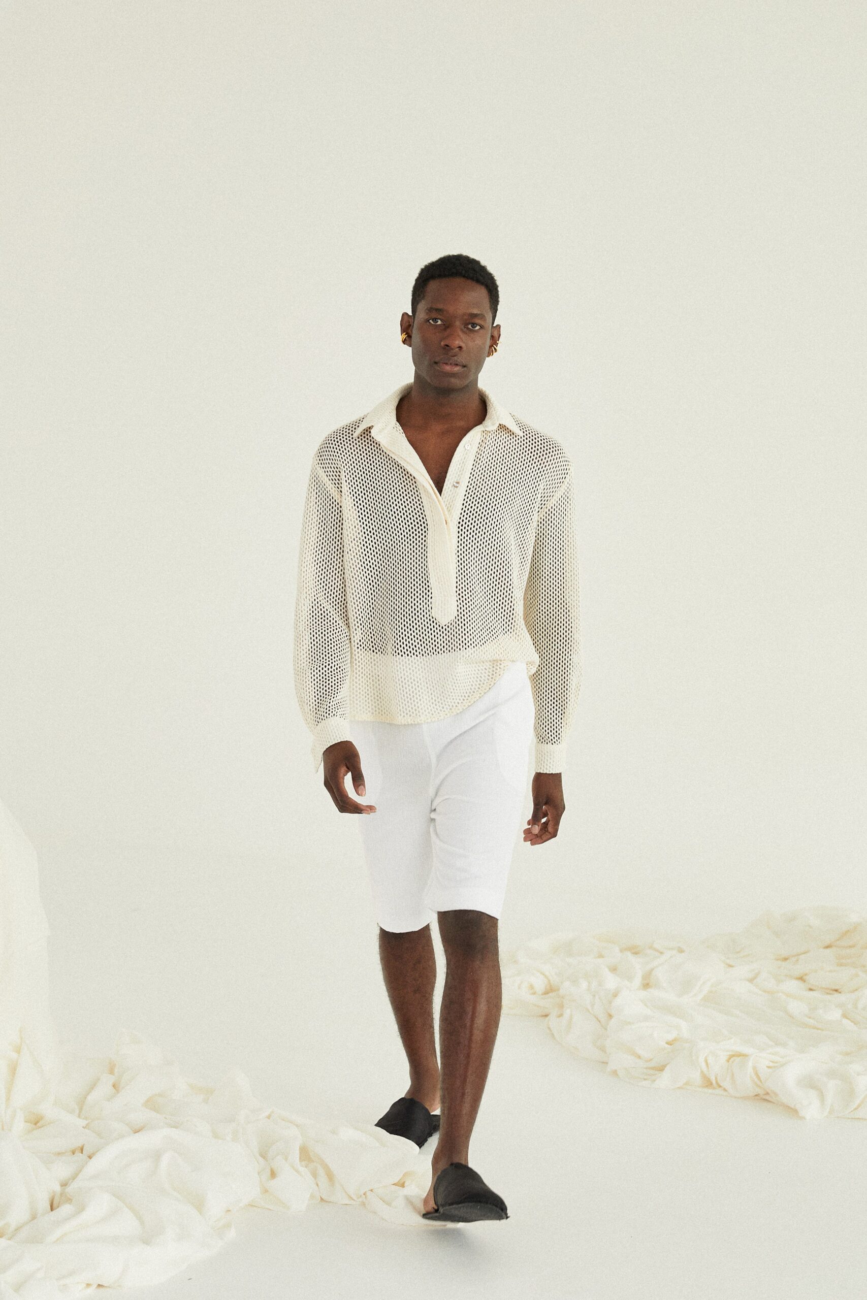 white cotton long-sleeve collared relaxed pleated sheer shirt