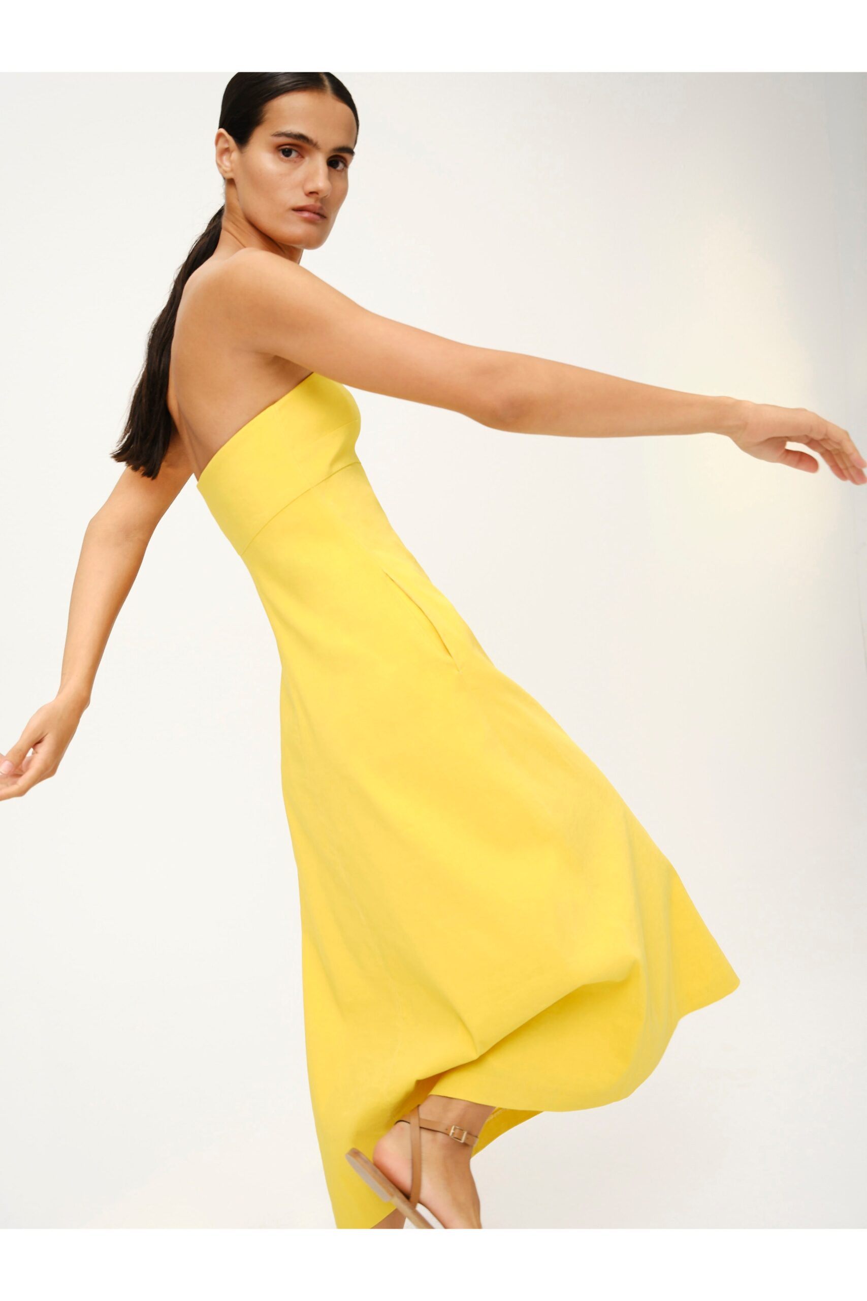 yellow strapless midi dress